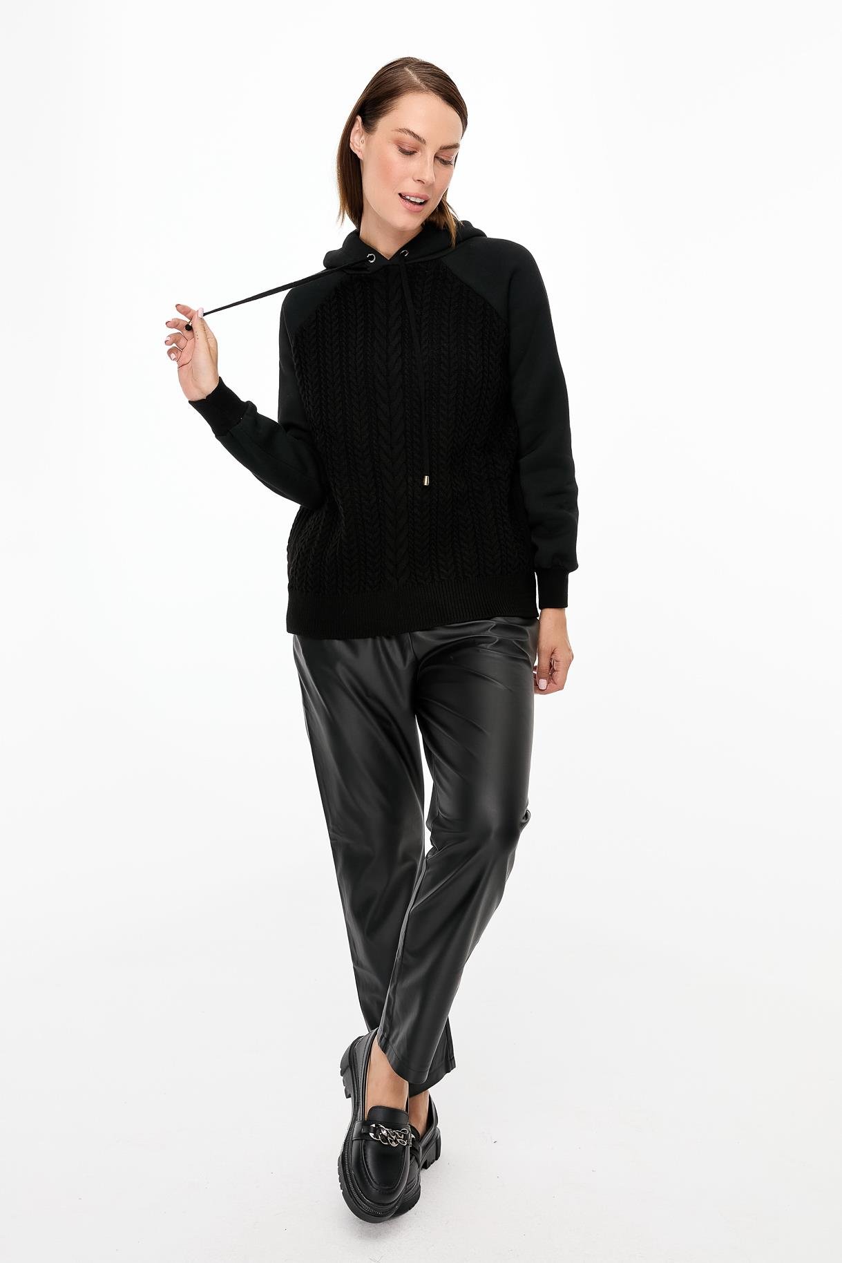 Kapüşonlu Örme Desenli Triko Bluz - SİYAH