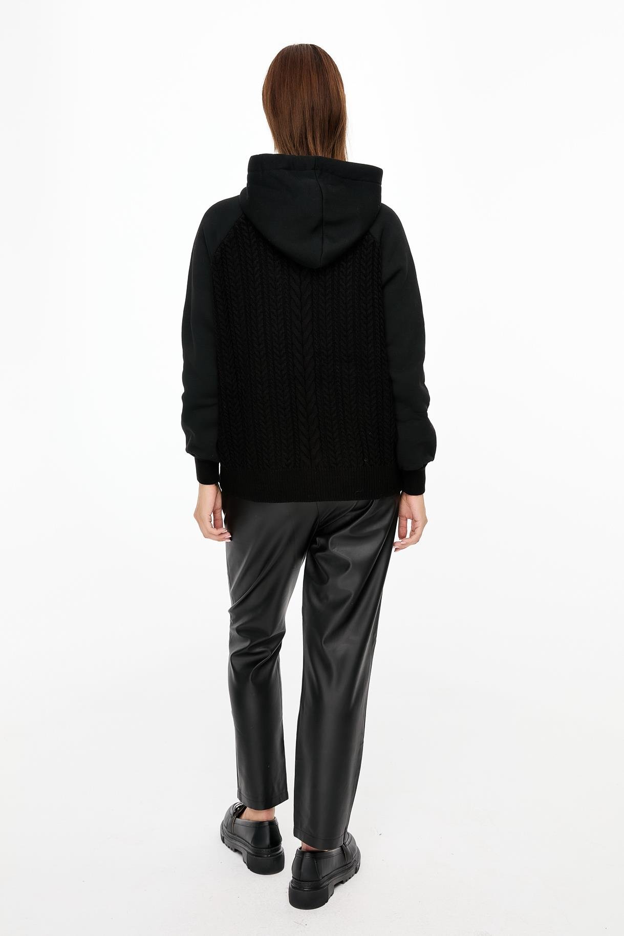 Kapüşonlu Örme Desenli Triko Bluz - SİYAH