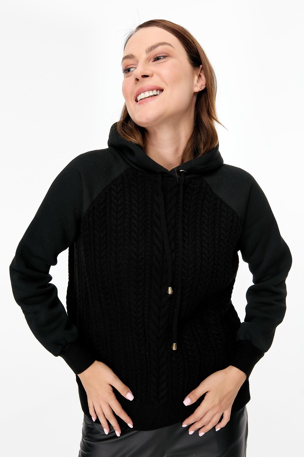 Kapüşonlu Örme Desenli Triko Bluz - SİYAH