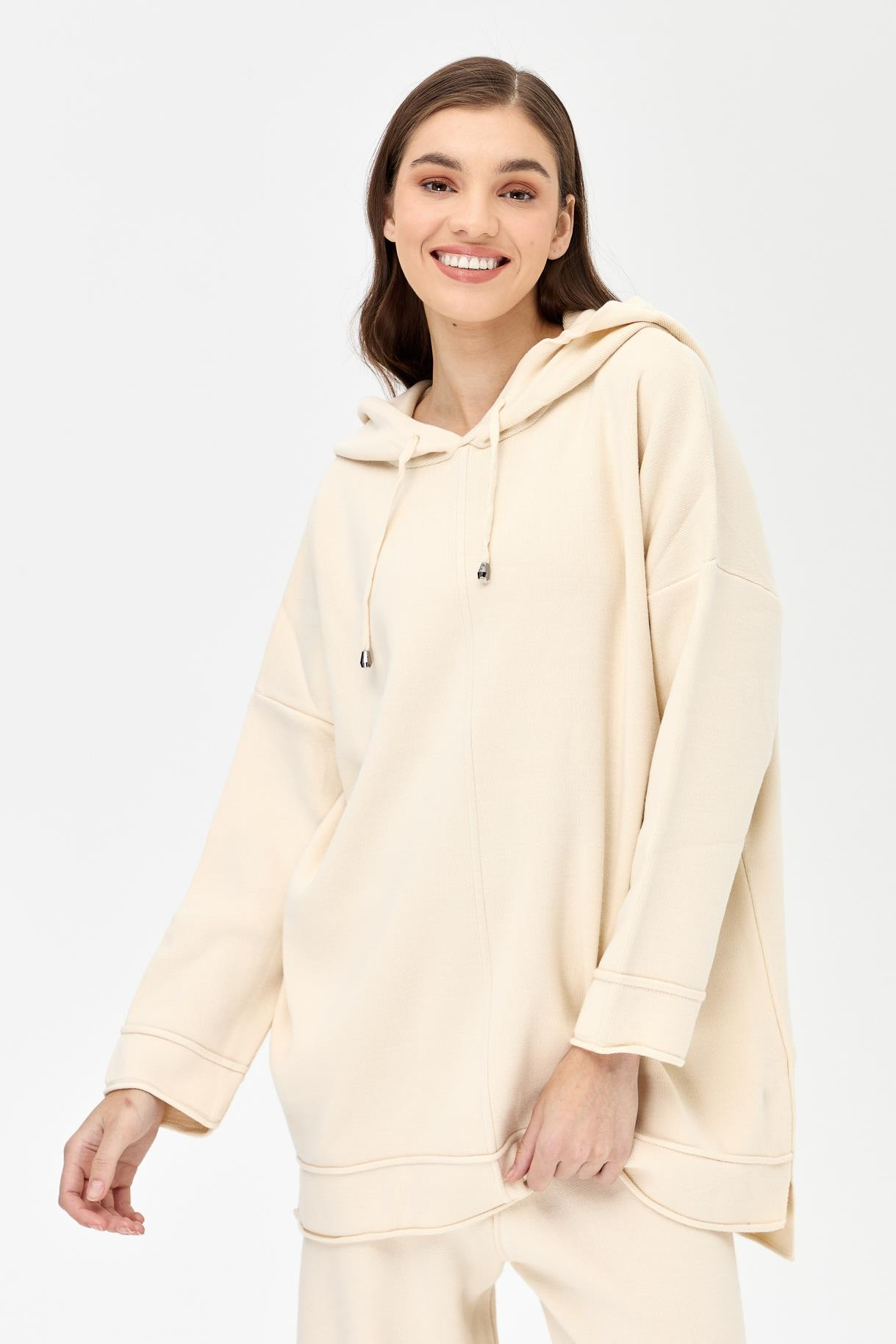 Kapüşonlu Tunik Pantolon Triko Takım - EKRU