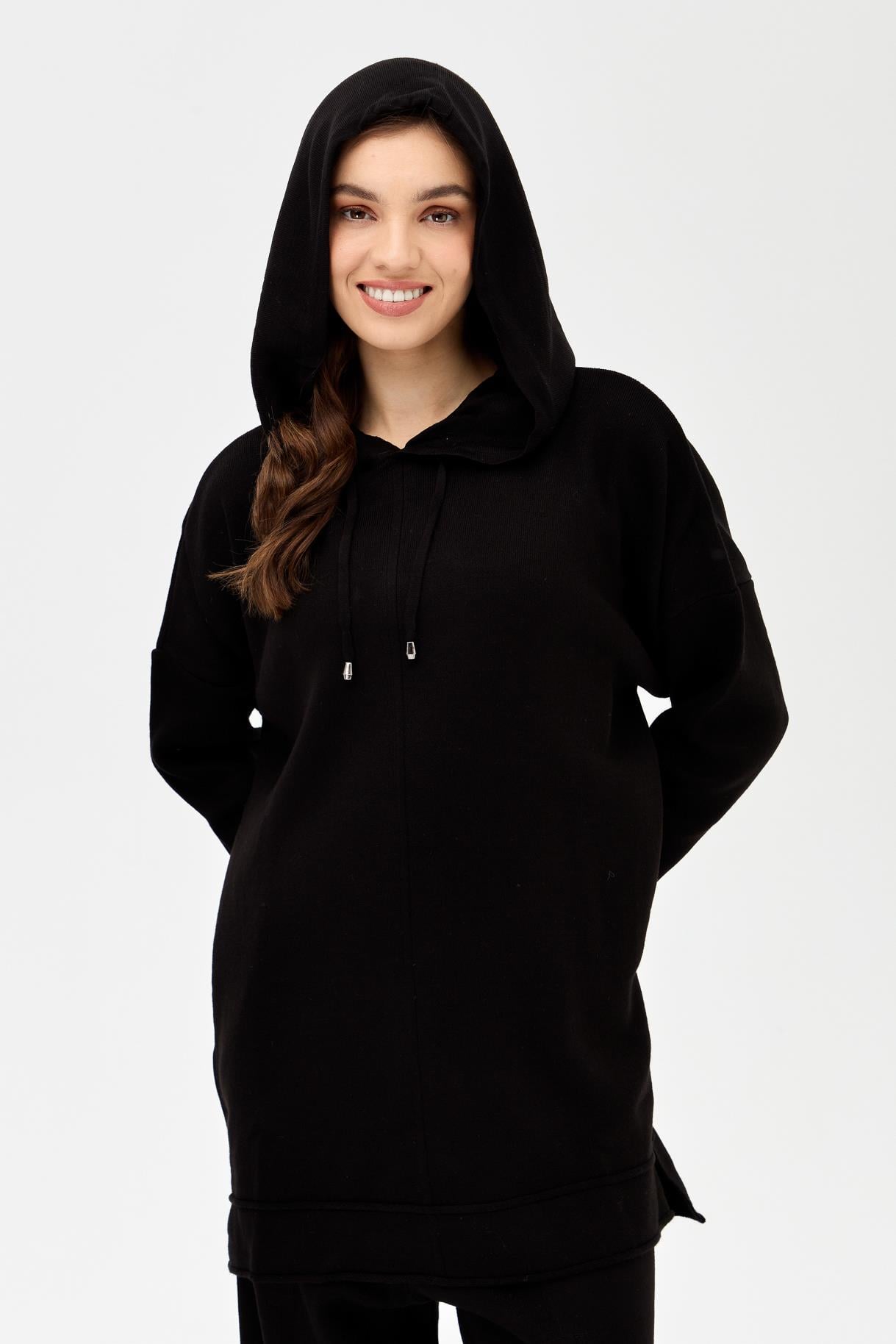 Kapüşonlu Tunik Pantolon Triko Takım - SİYAH
