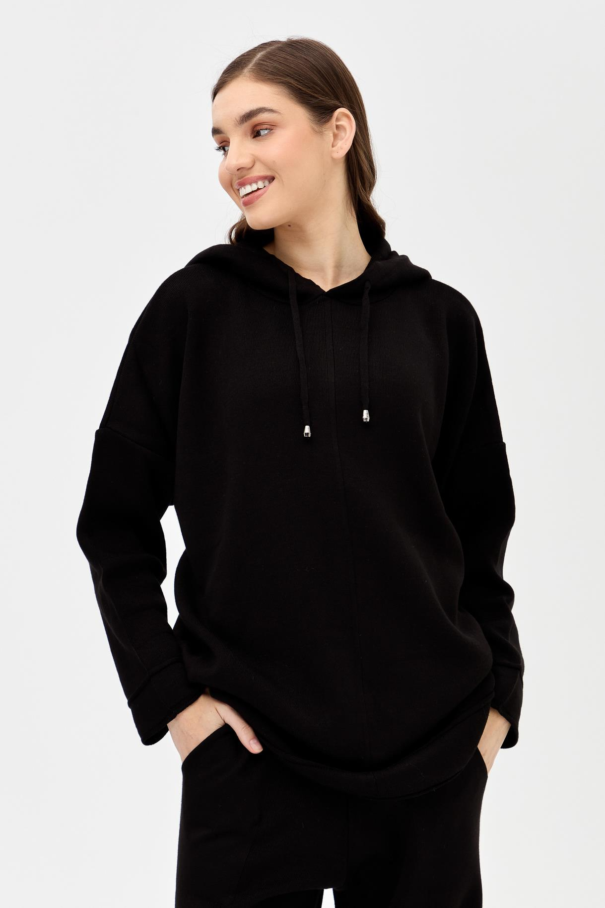 Kapüşonlu Tunik Pantolon Triko Takım - SİYAH