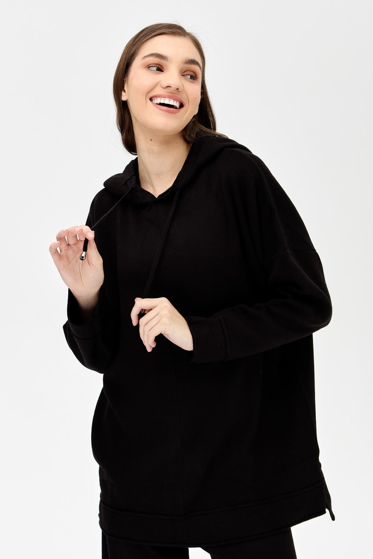 Kapüşonlu Tunik Pantolon Triko Takım - SİYAH