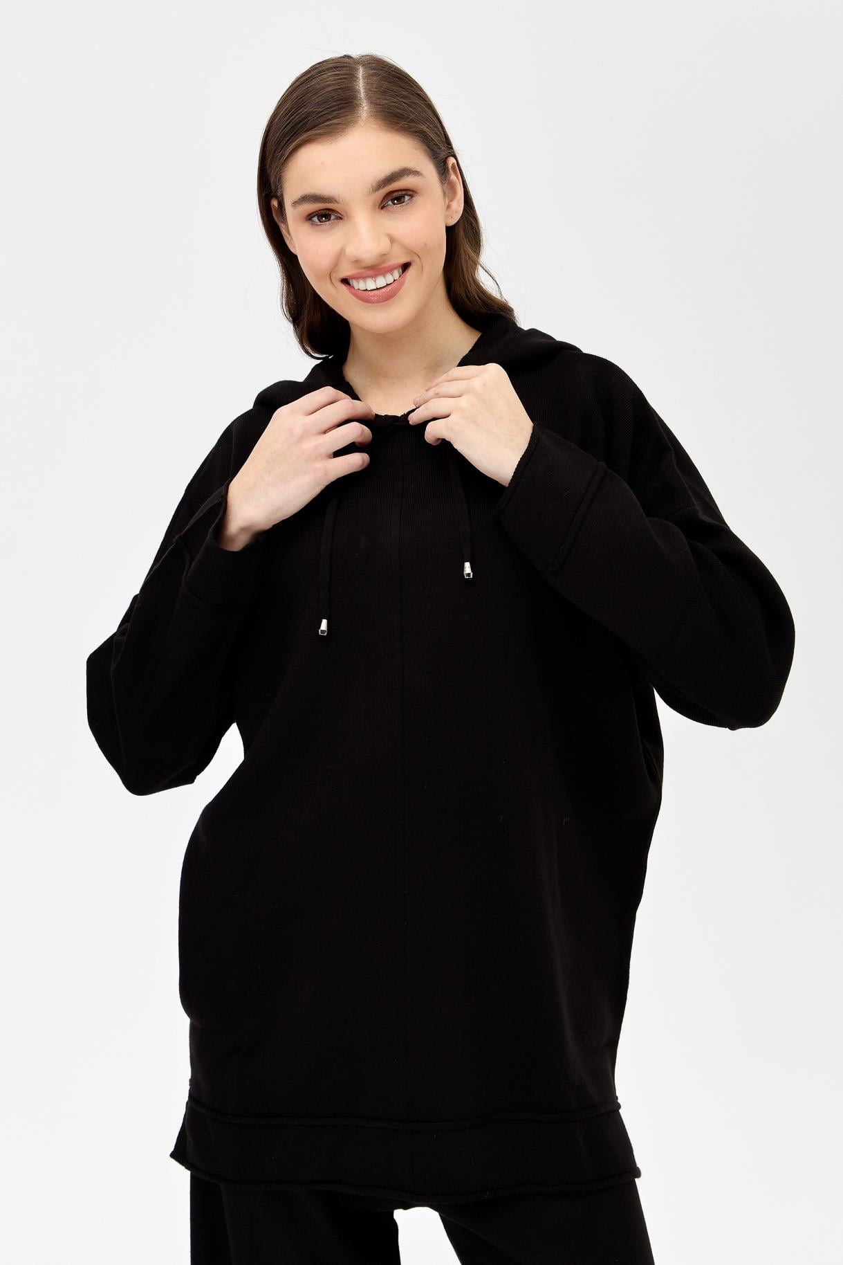 Kapüşonlu Tunik Pantolon Triko Takım - SİYAH