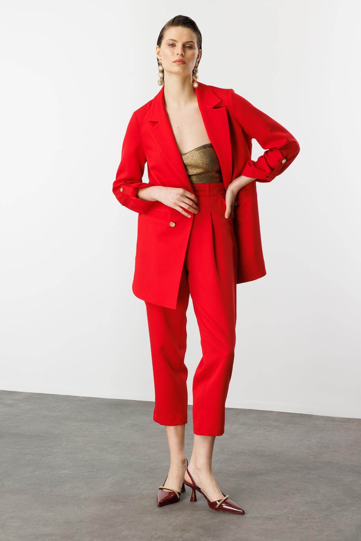 Katlanabilir Kol Detaylı Uzun Ceket-KIRMIZI