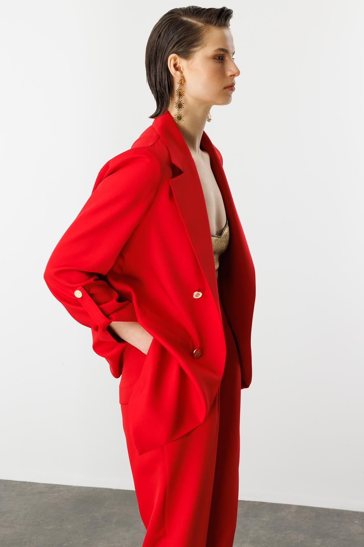 Katlanabilir Kol Detaylı Uzun Ceket-KIRMIZI