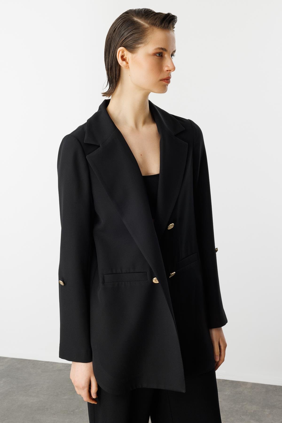 Katlanabilir Kol Detaylı Uzun Ceket-SİYAH