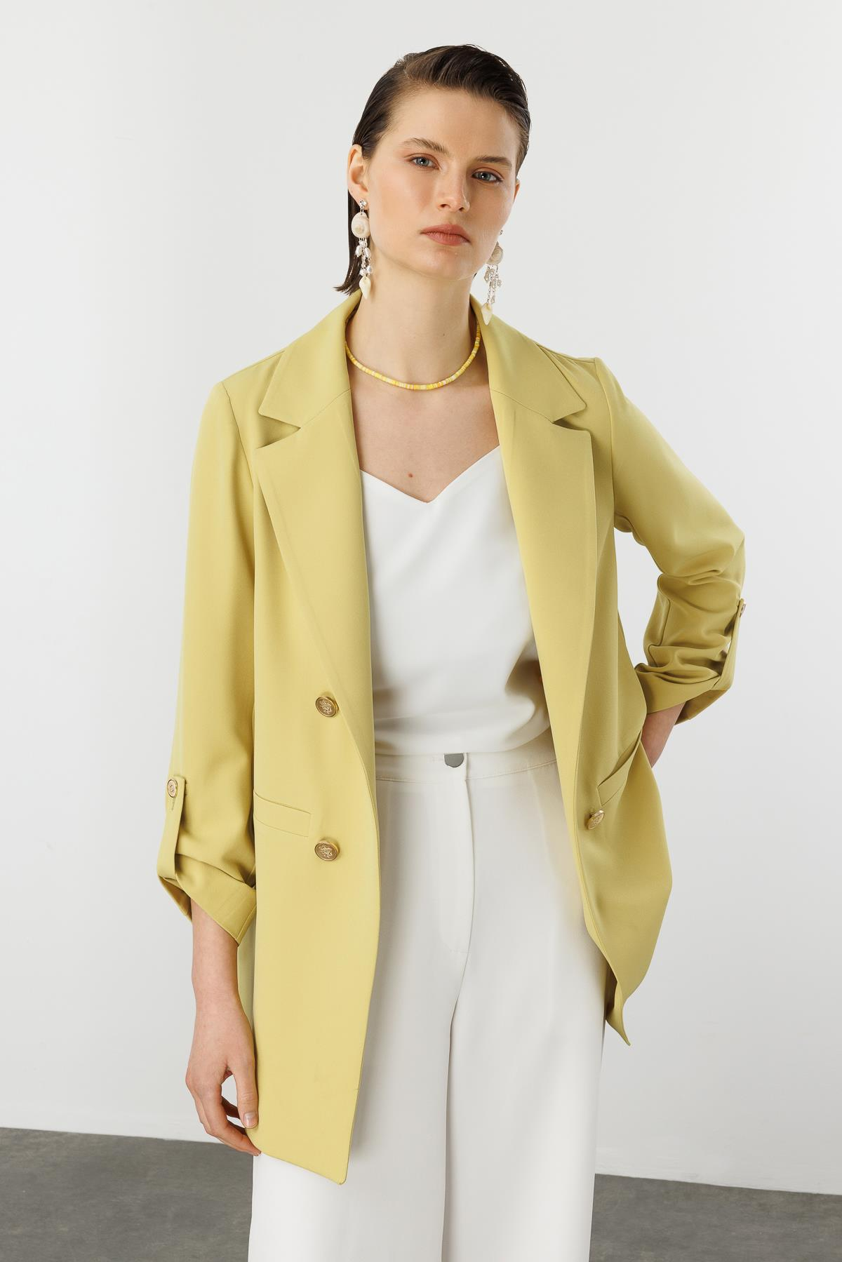 Katlanabilir Kol Detaylı Uzun Ceket-Y.YEŞİLİ