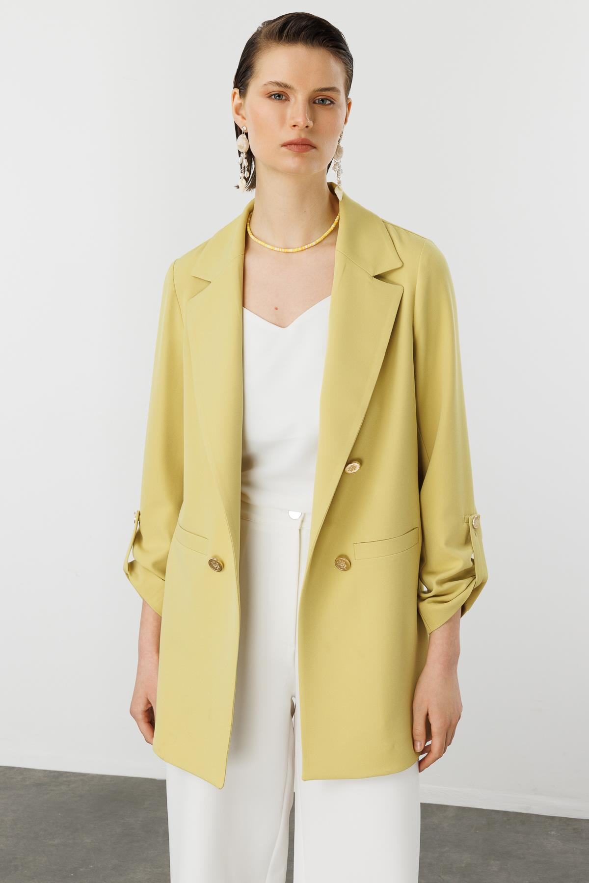 Katlanabilir Kol Detaylı Uzun Ceket-Y.YEŞİLİ