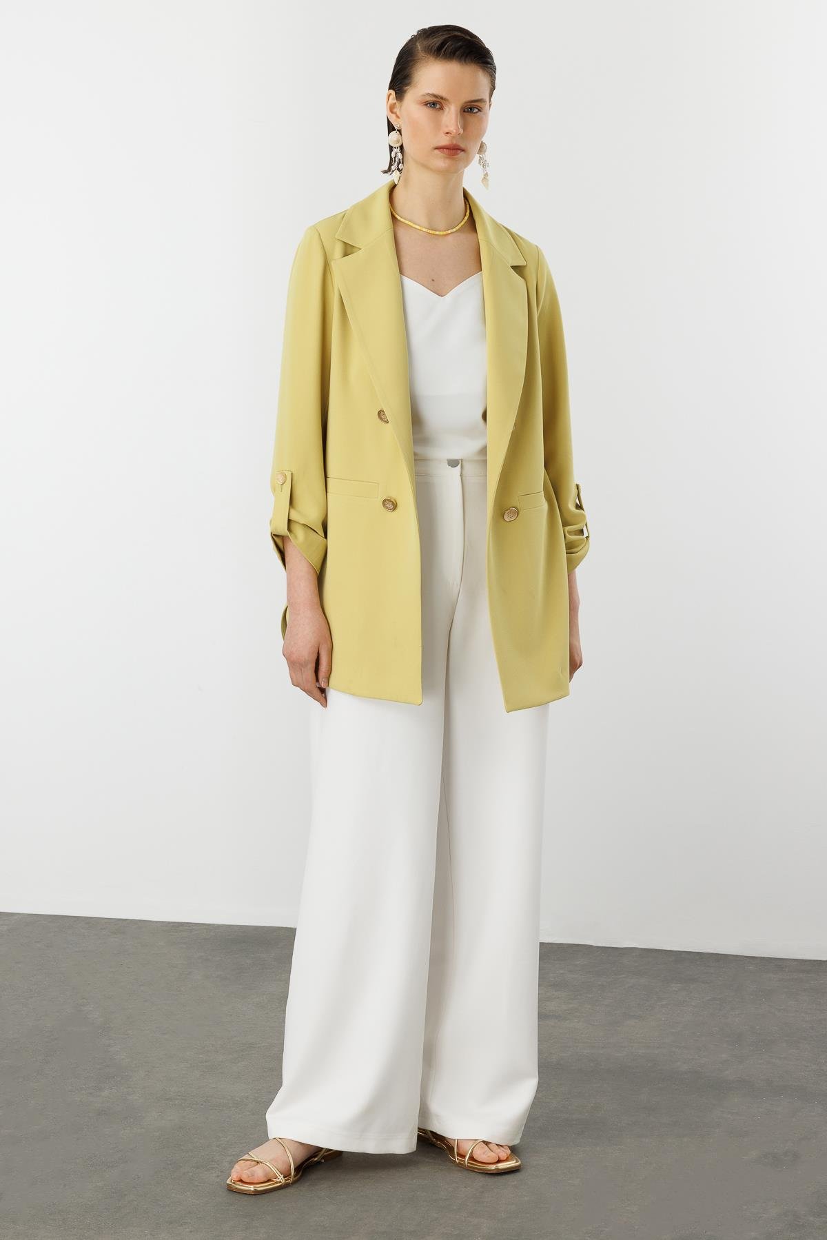 Katlanabilir Kol Detaylı Uzun Ceket-Y.YEŞİLİ