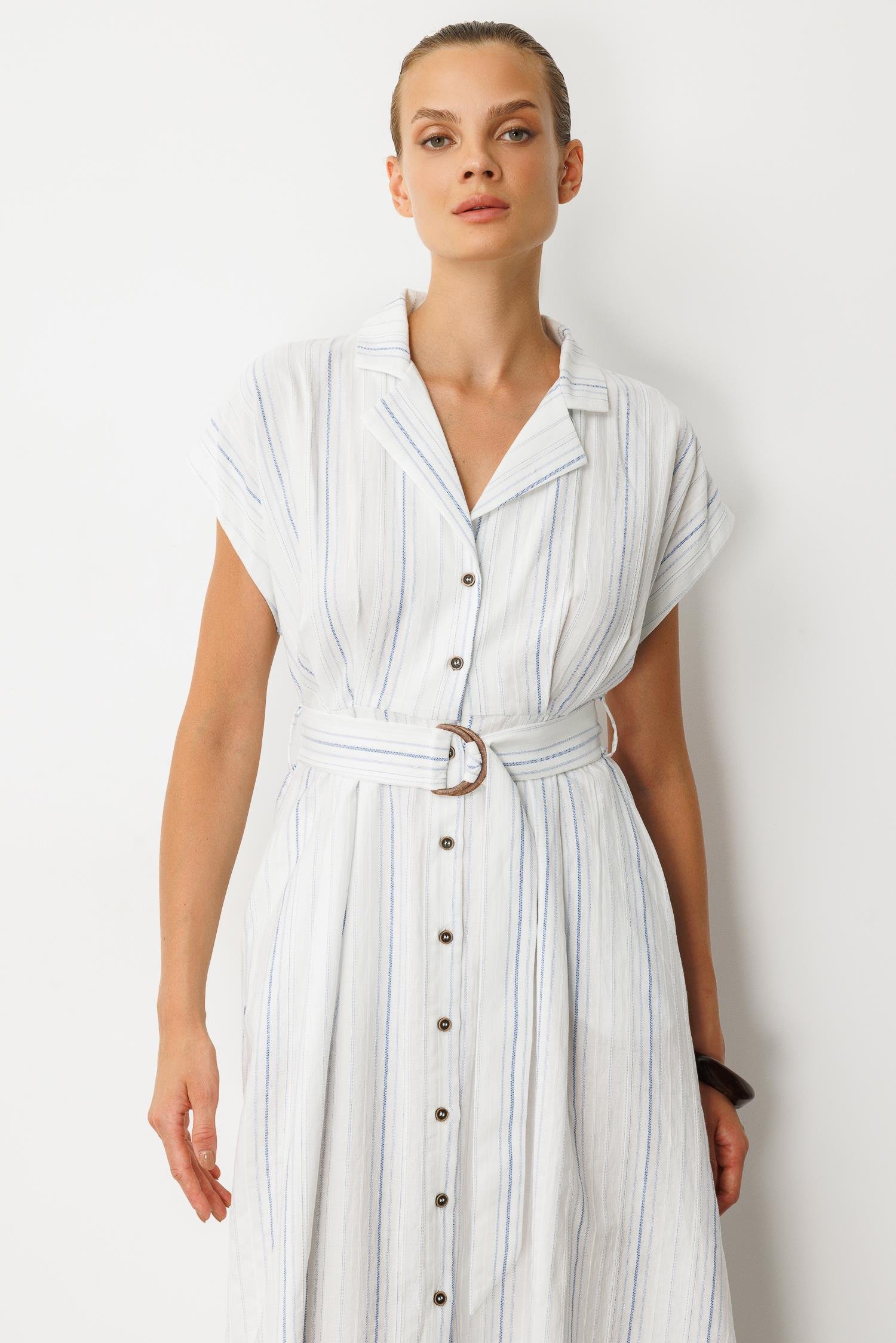 Kemer Detay Pamuklu Uzun Elbise-EKRU