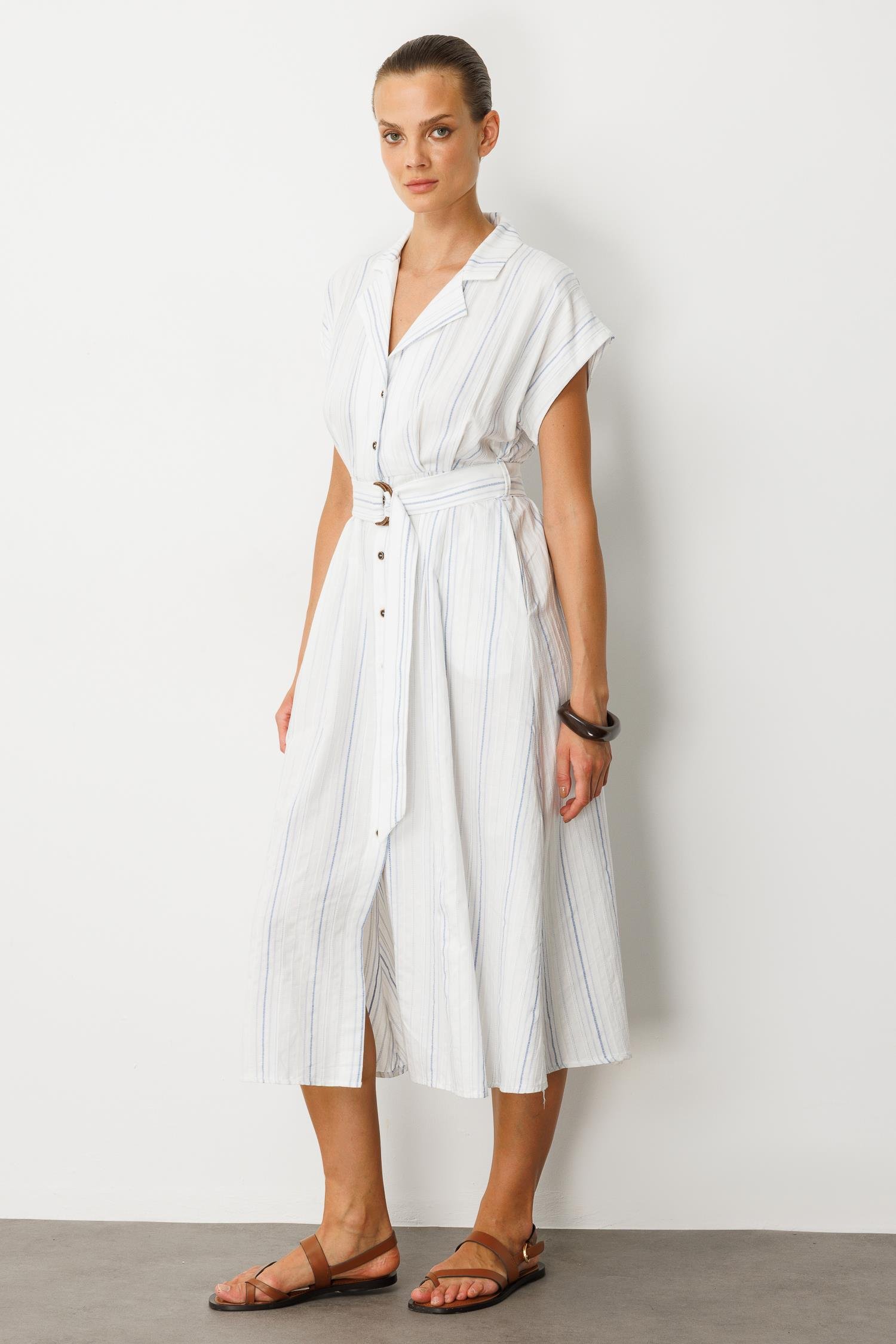 Kemer Detay Pamuklu Uzun Elbise-EKRU