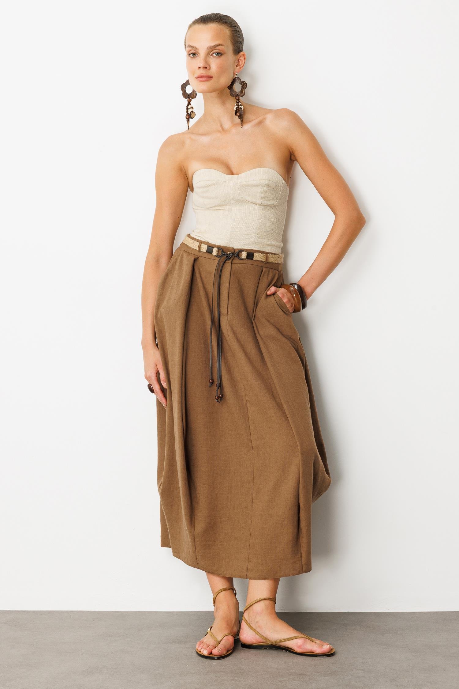 Kemer Detaylı Keten Görünümlü Etek-KAHVE