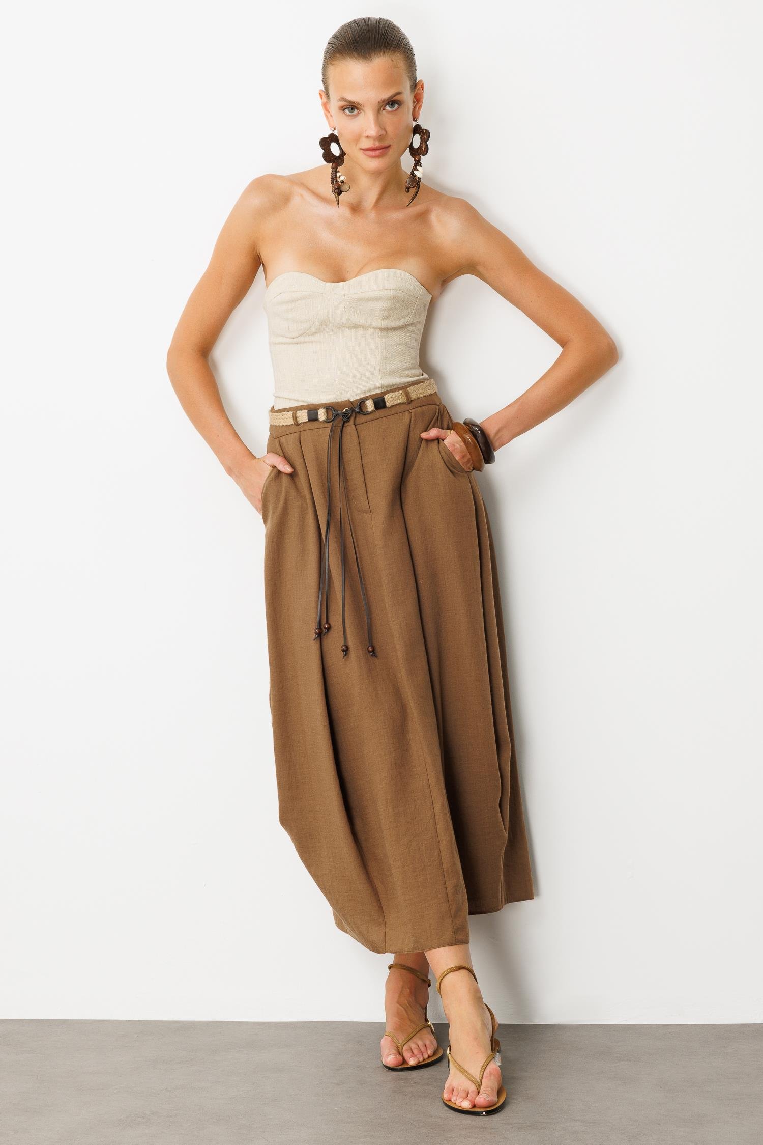 Kemer Detaylı Keten Görünümlü Etek-KAHVE