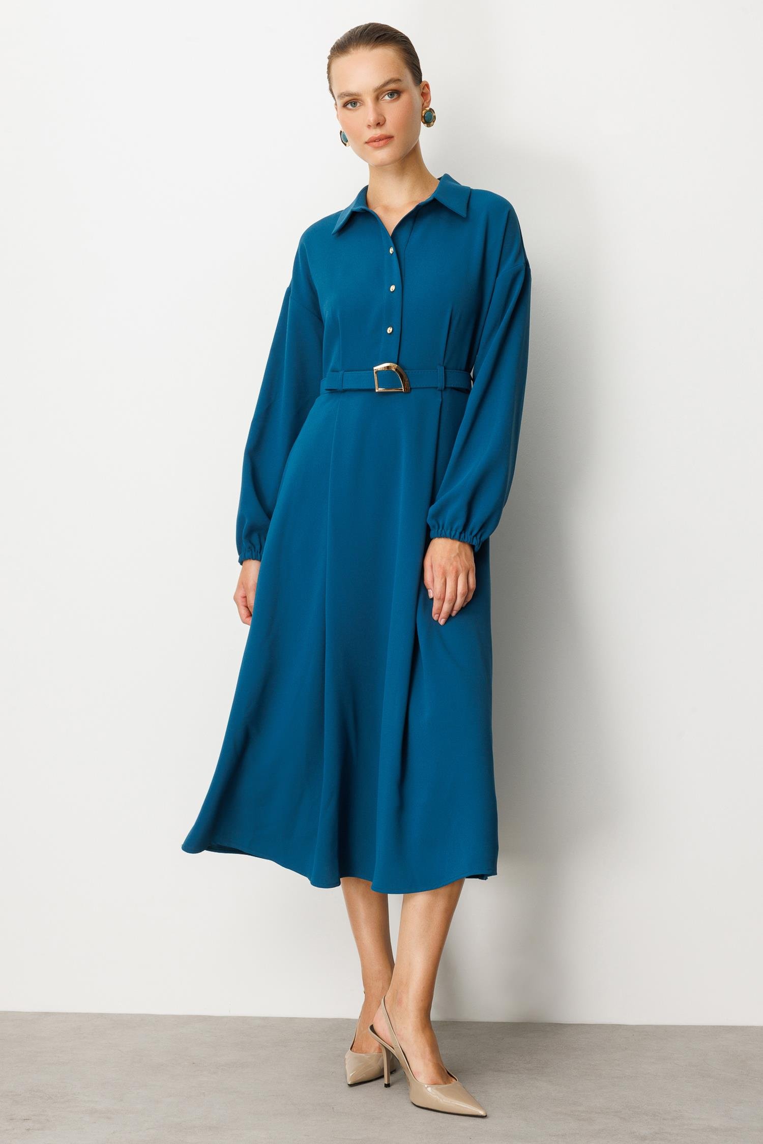 Kemer Detaylı Krep Elbise-PETROL