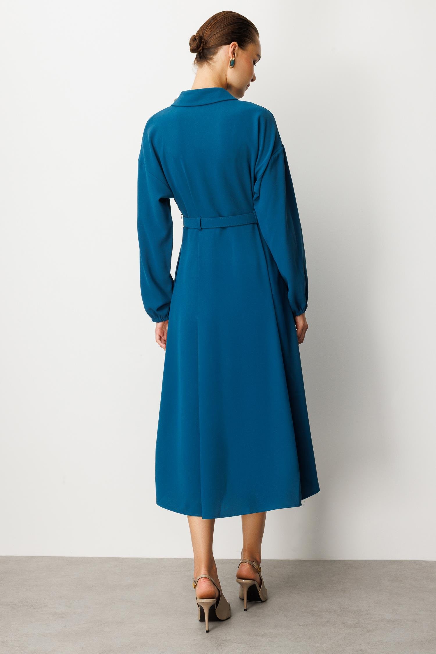 Kemer Detaylı Krep Elbise-PETROL