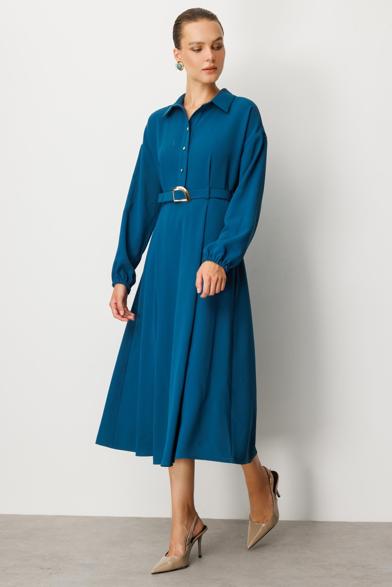 Kemer Detaylı Krep Elbise-PETROL