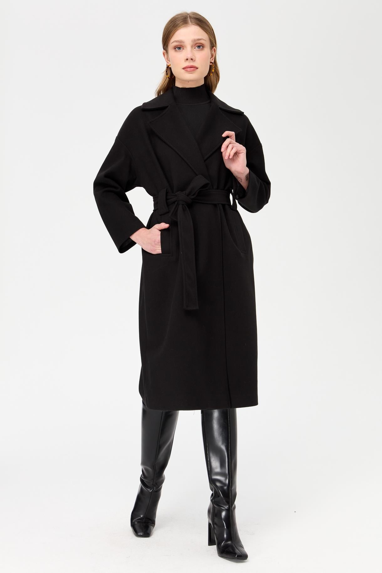 Kemerli Oversize Kaşe Kaban - SİYAH