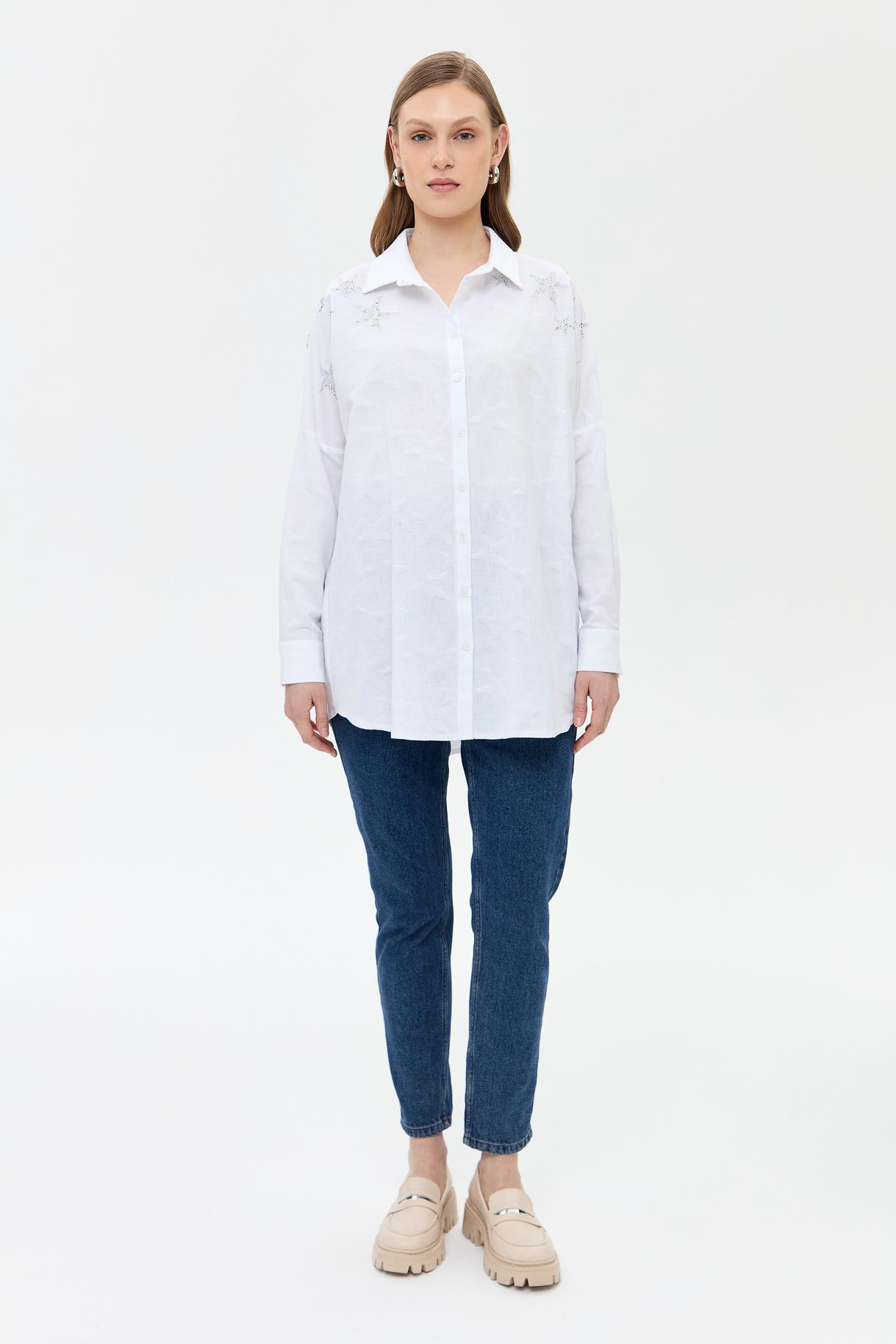 Kendinden Desenli Gömlek - BEYAZ