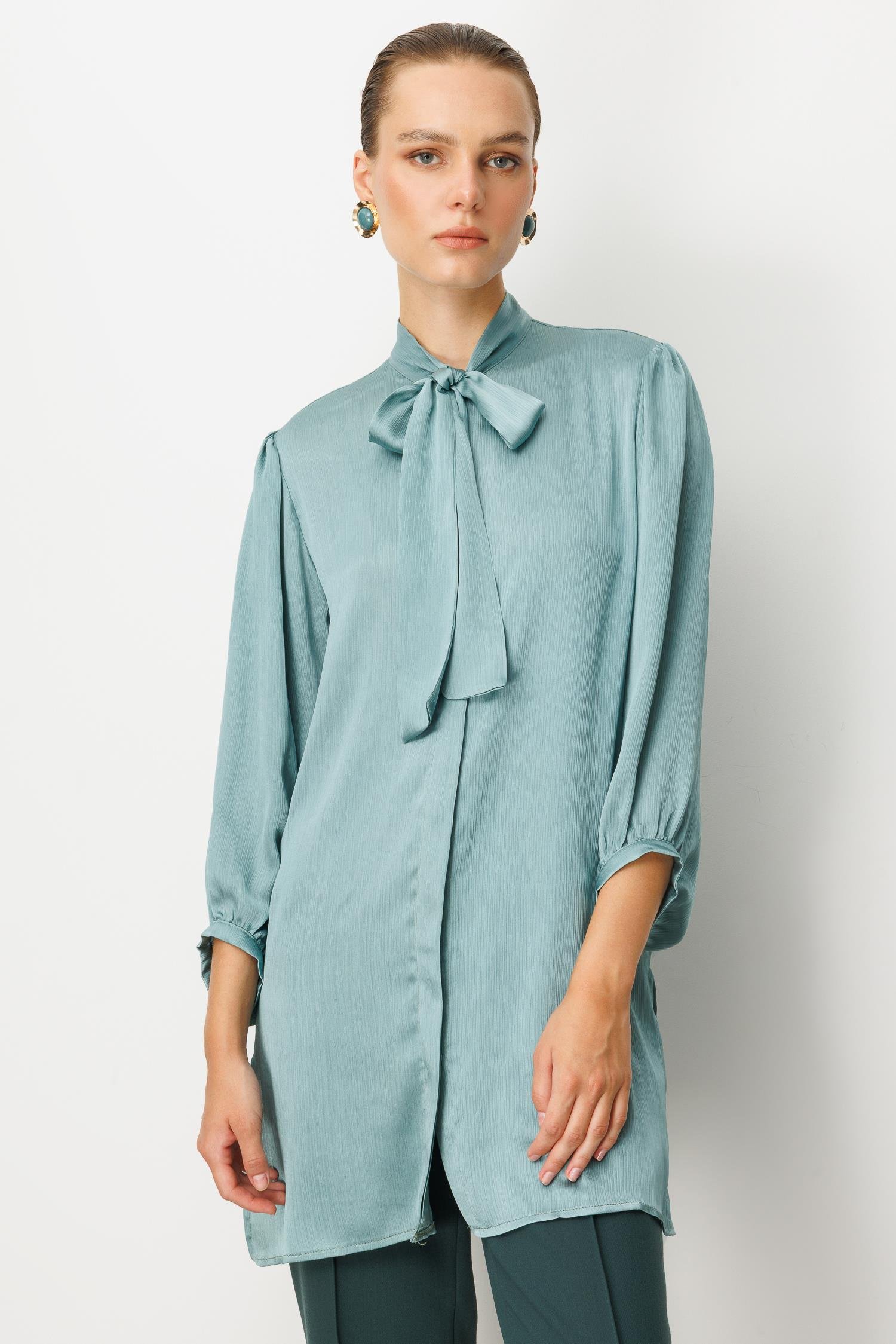 Kendinden Desenli Saten Tunik Gömlek-MINT