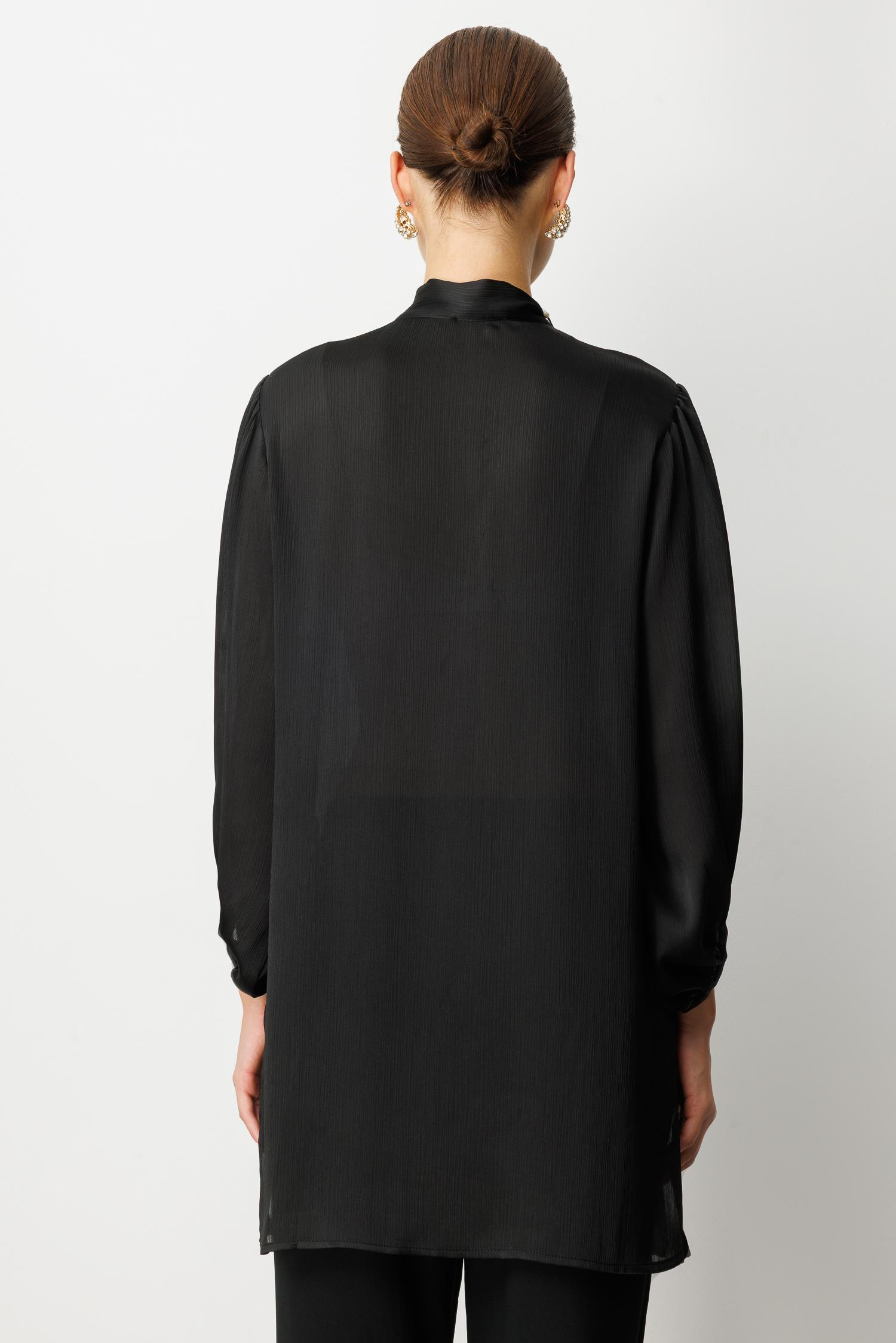 Kendinden Desenli Saten Tunik Gömlek-SİYAH