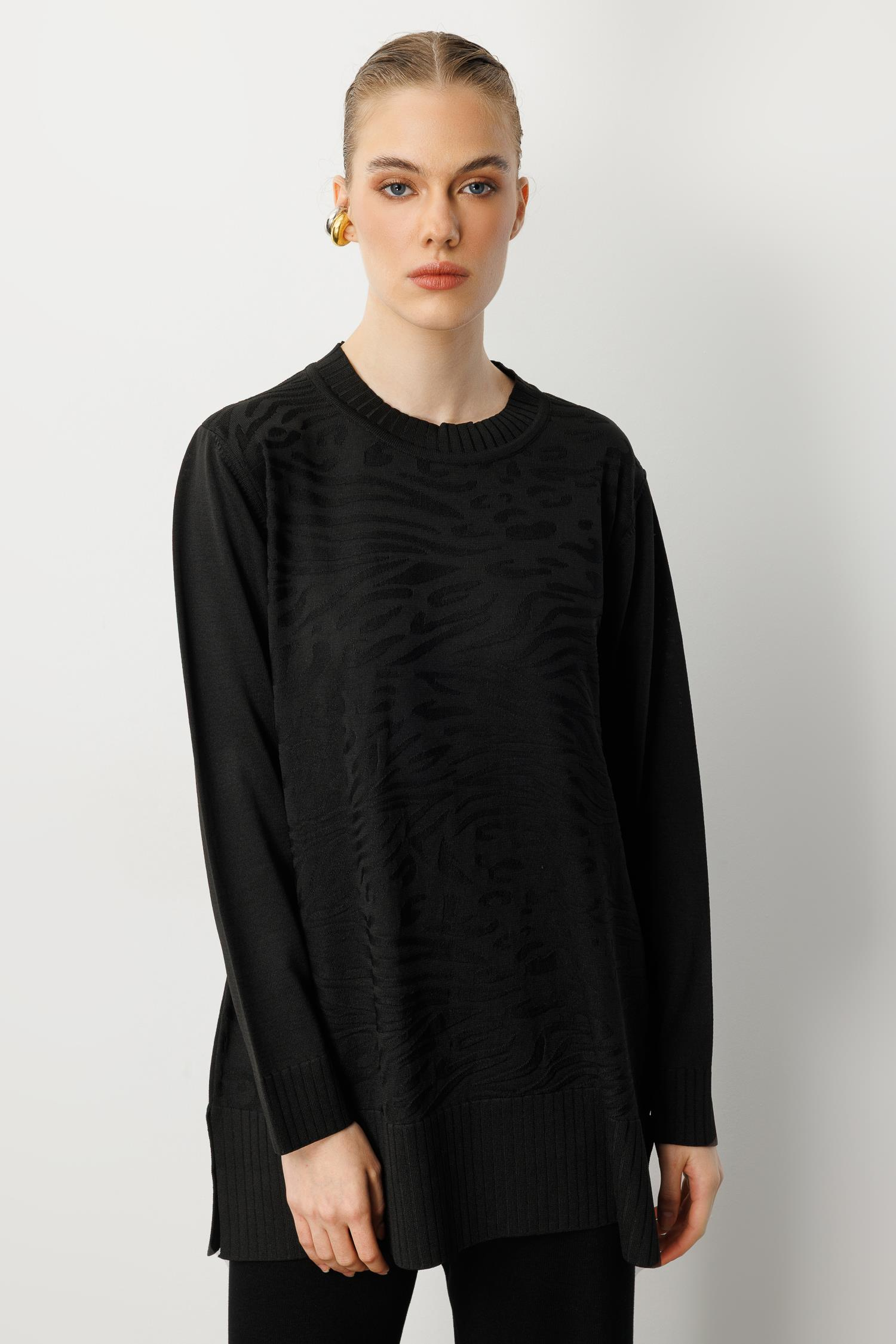 Kendinden Desenli Triko Tunik-SİYAH