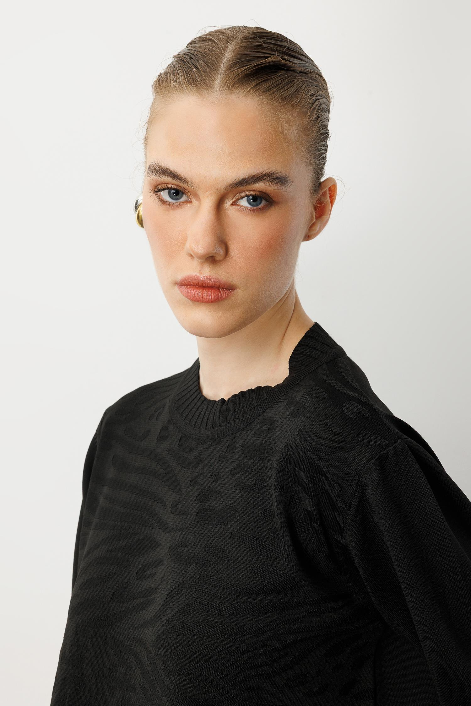 Kendinden Desenli Triko Tunik-SİYAH