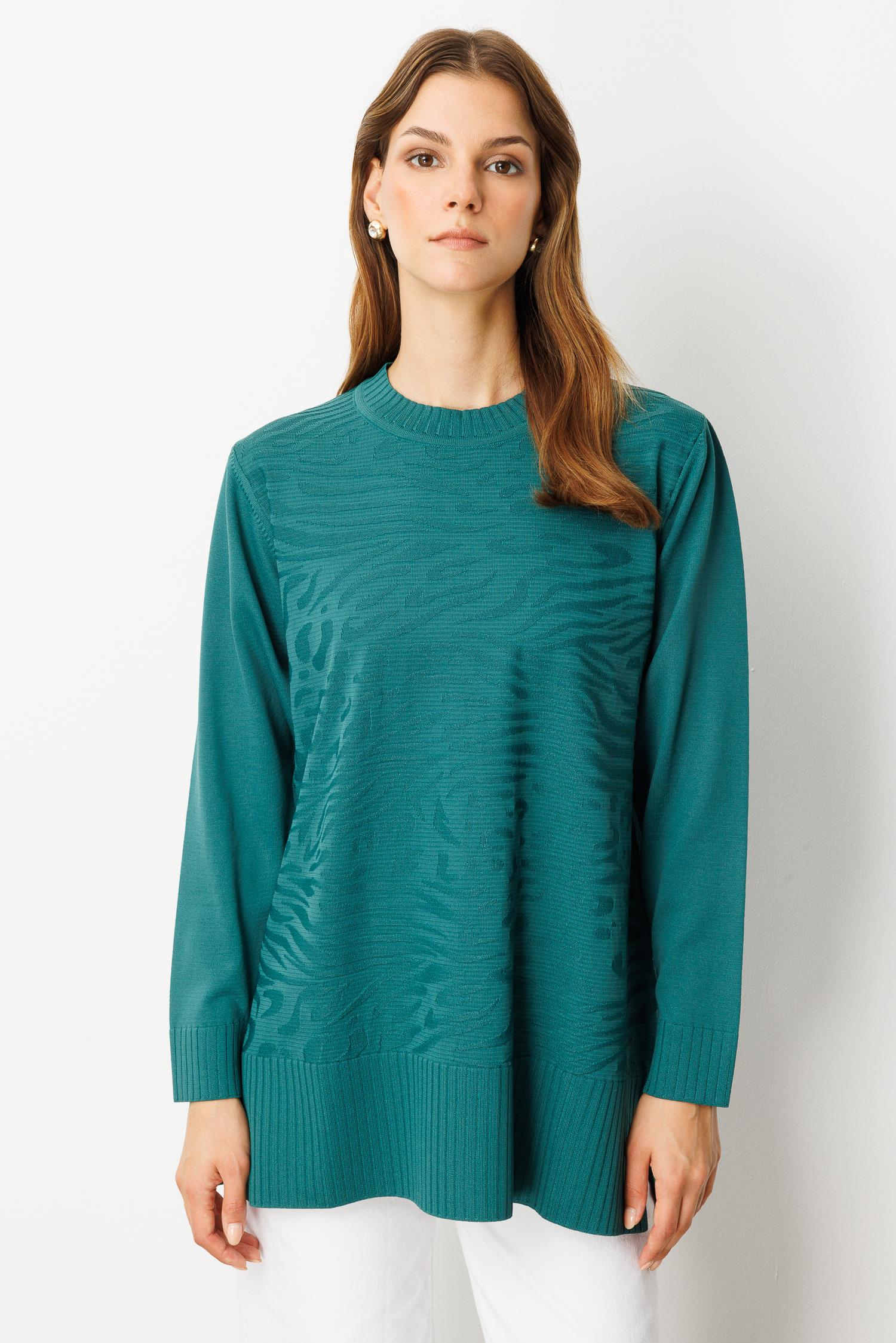 Kendinden Desenli Triko Tunik-ZÜMRÜT