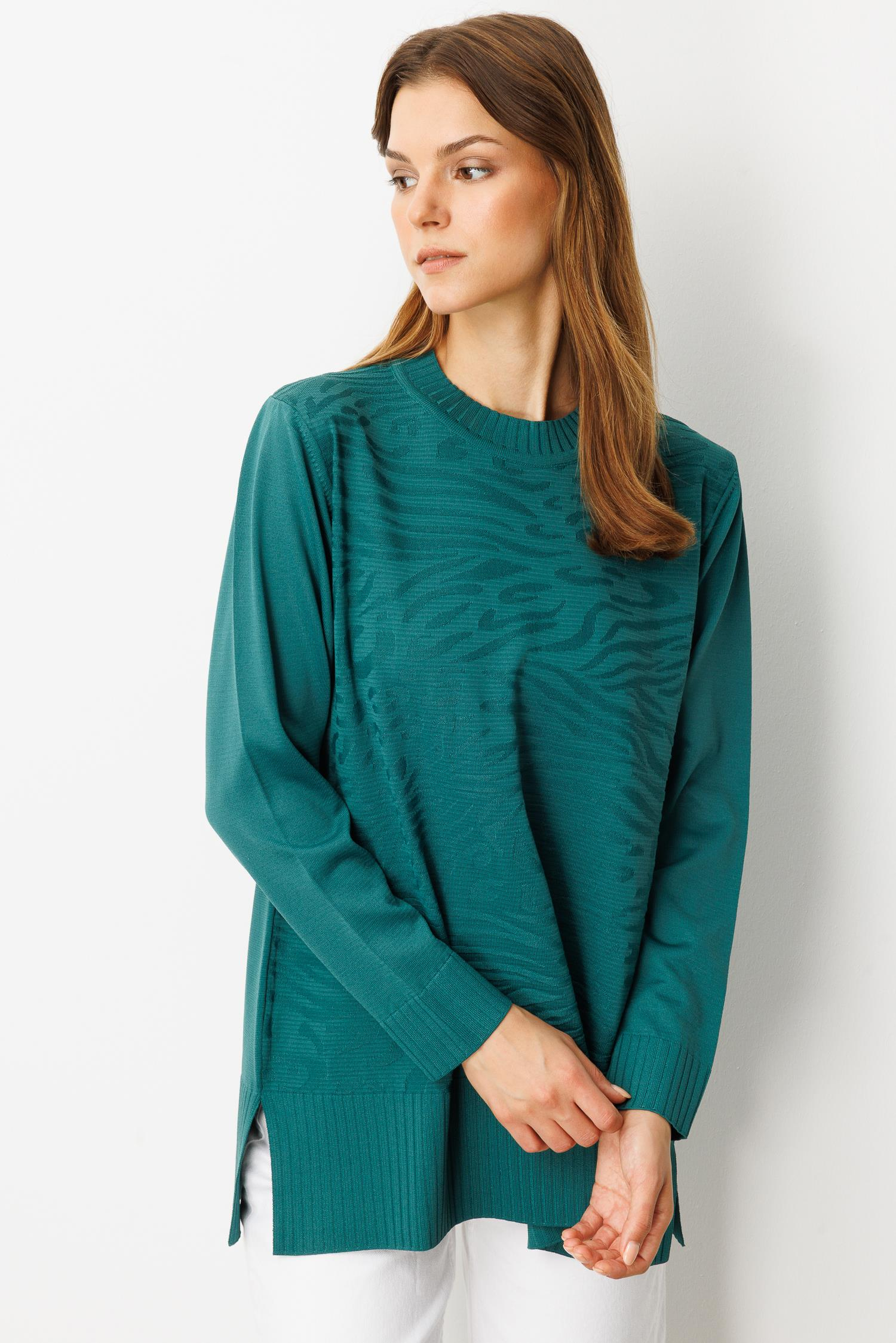 Kendinden Desenli Triko Tunik-ZÜMRÜT