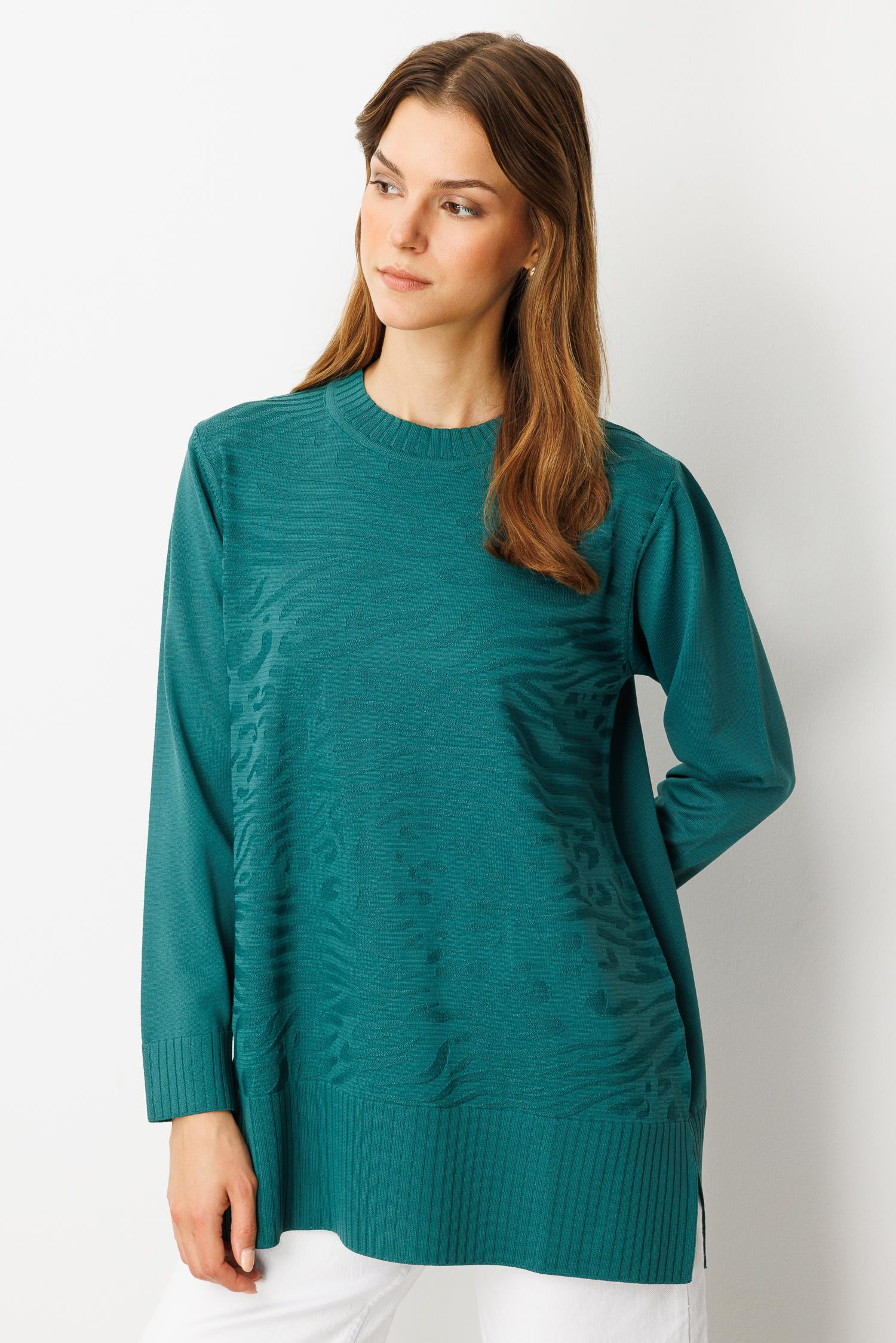 Kendinden Desenli Triko Tunik-ZÜMRÜT