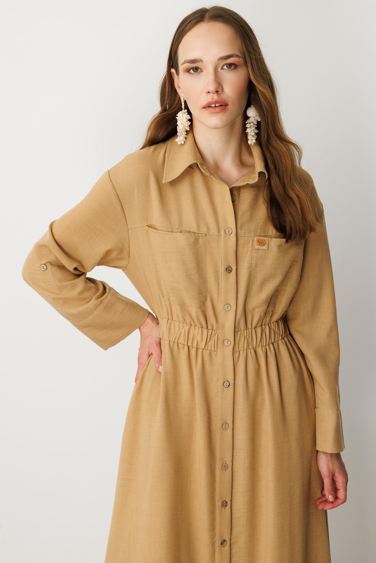 Keten Görünüm Düğmeli Uzun Elbise-CAMEL