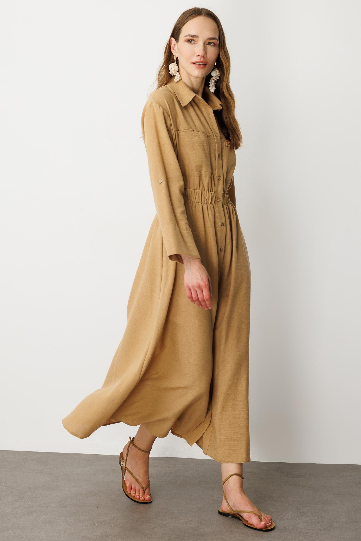 Keten Görünüm Düğmeli Uzun Elbise-CAMEL