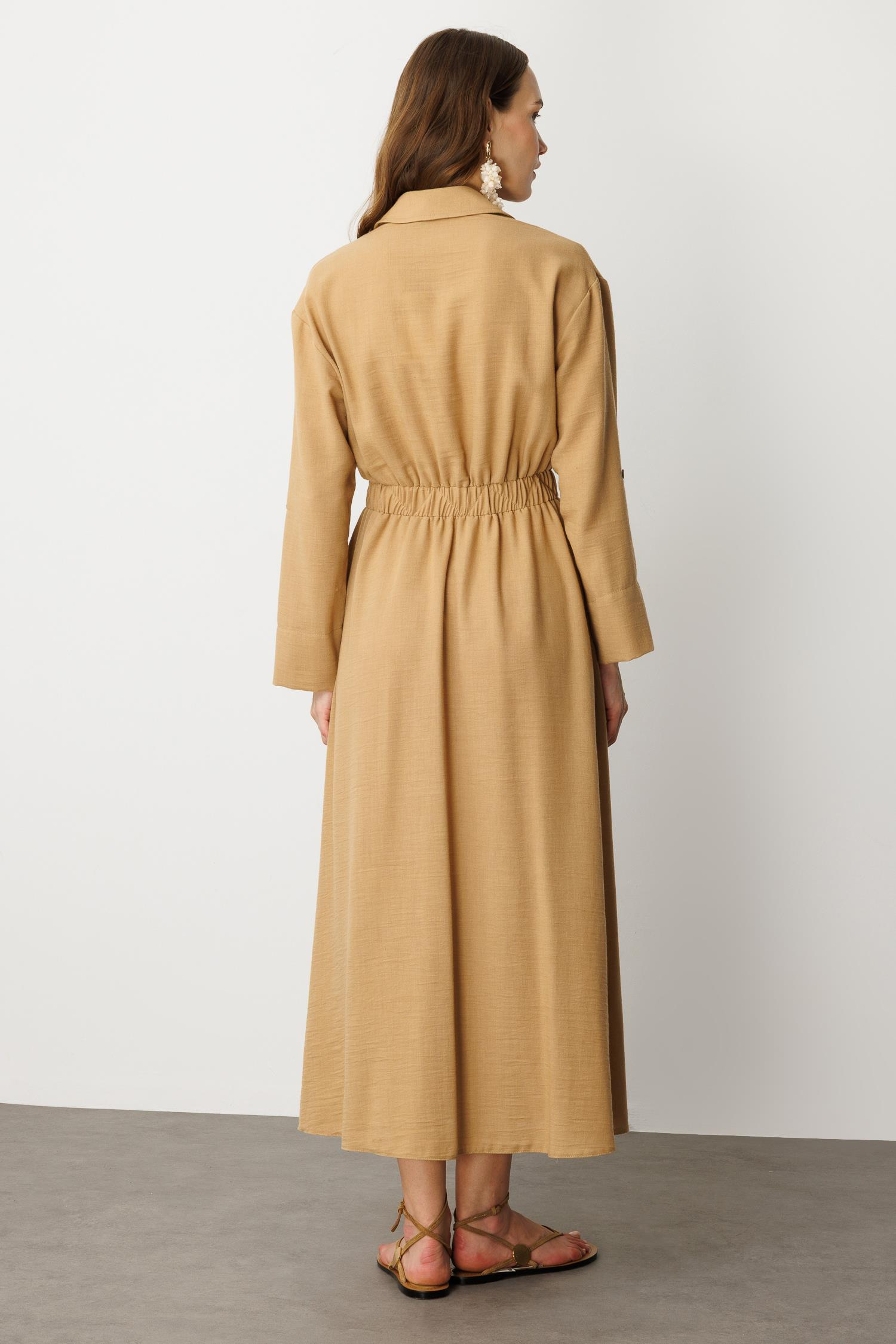 Keten Görünüm Düğmeli Uzun Elbise-CAMEL