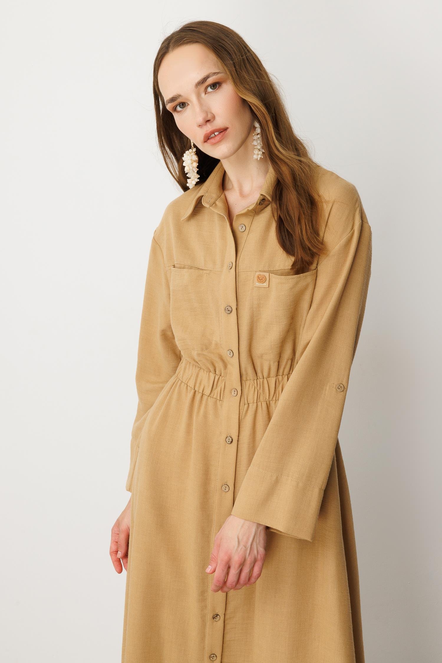 Keten Görünüm Düğmeli Uzun Elbise-CAMEL