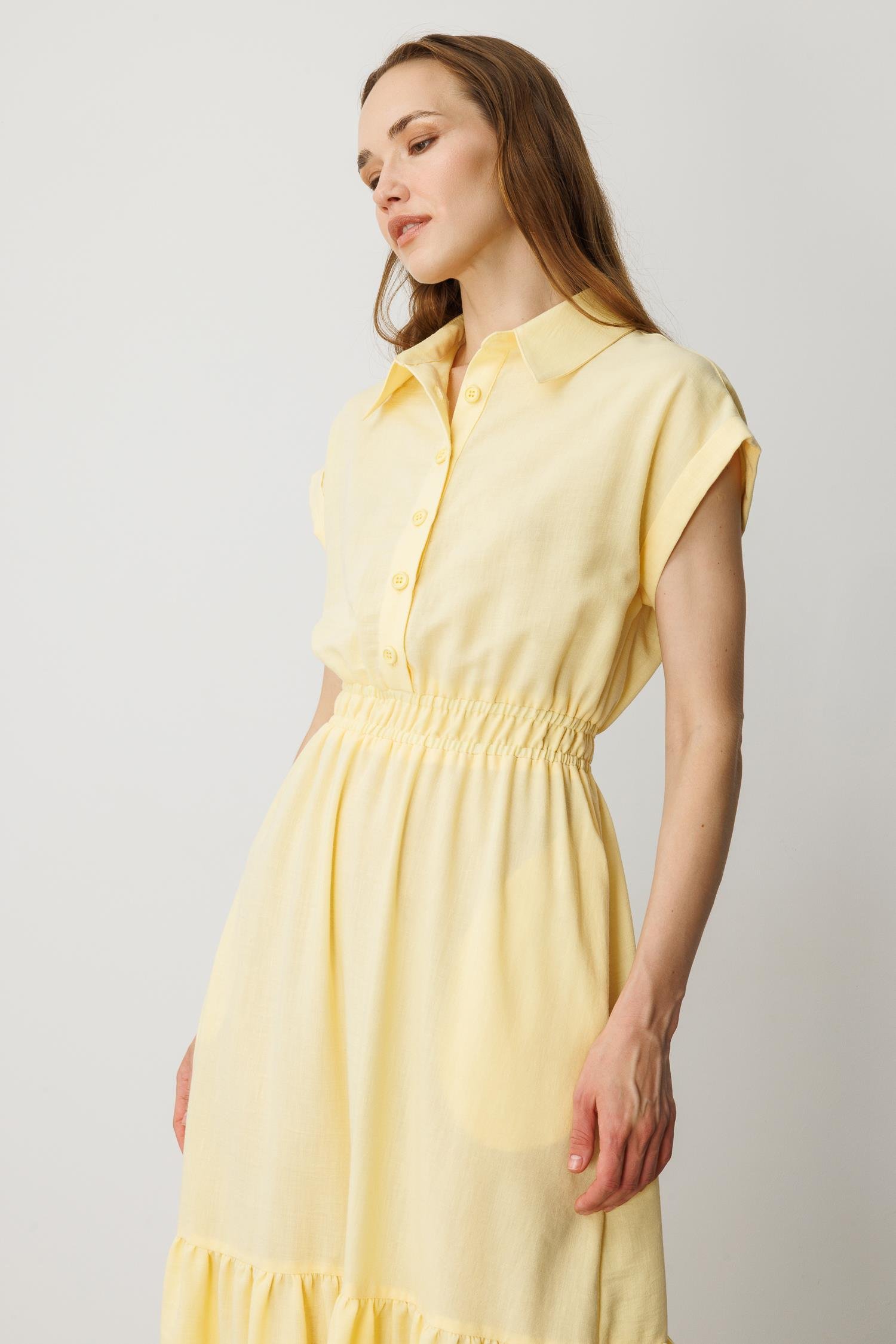 Keten Görünüm Farbela Detaylı Uzun Elbise-SARI