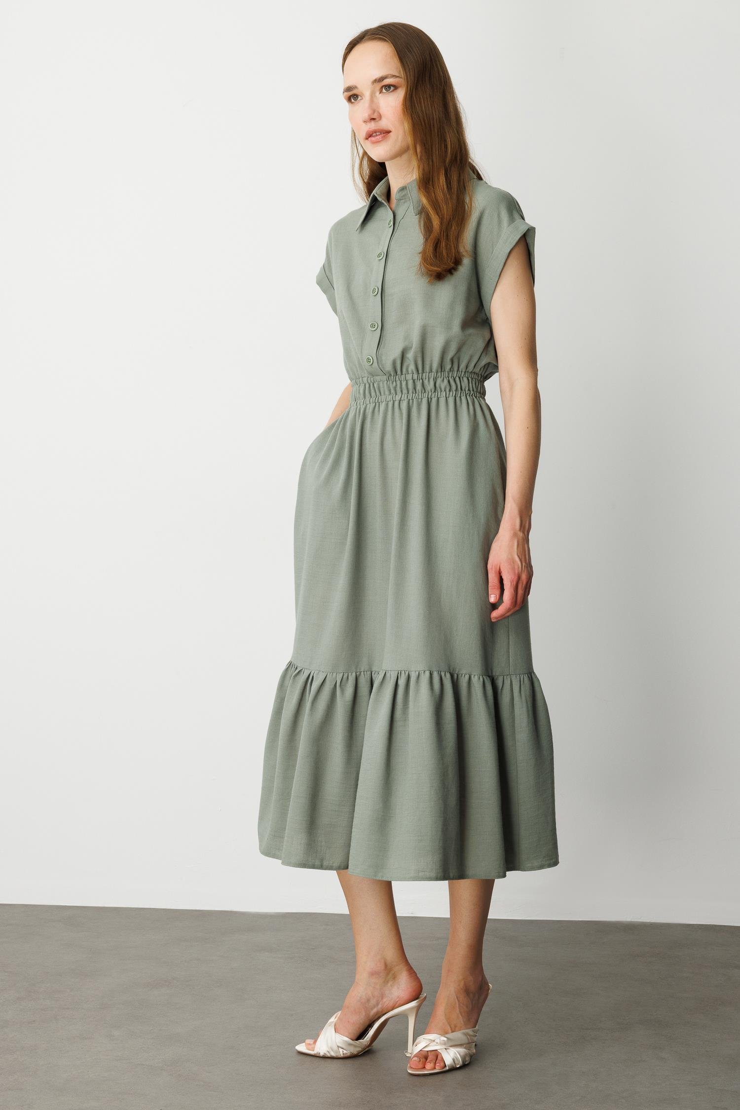 Keten Görünüm Farbela Detaylı Uzun Elbise-ÇAĞLA