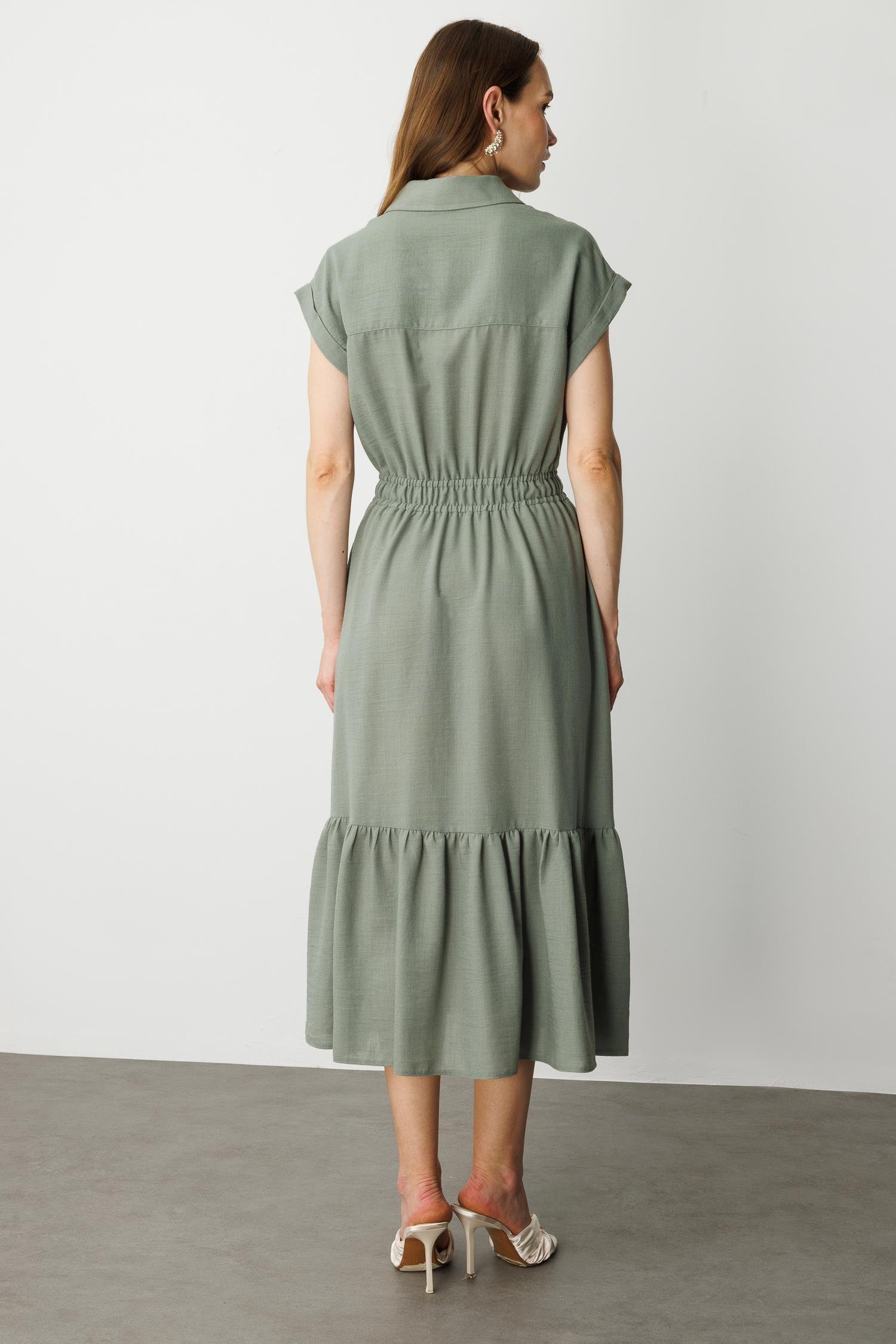 Keten Görünüm Farbela Detaylı Uzun Elbise-ÇAĞLA