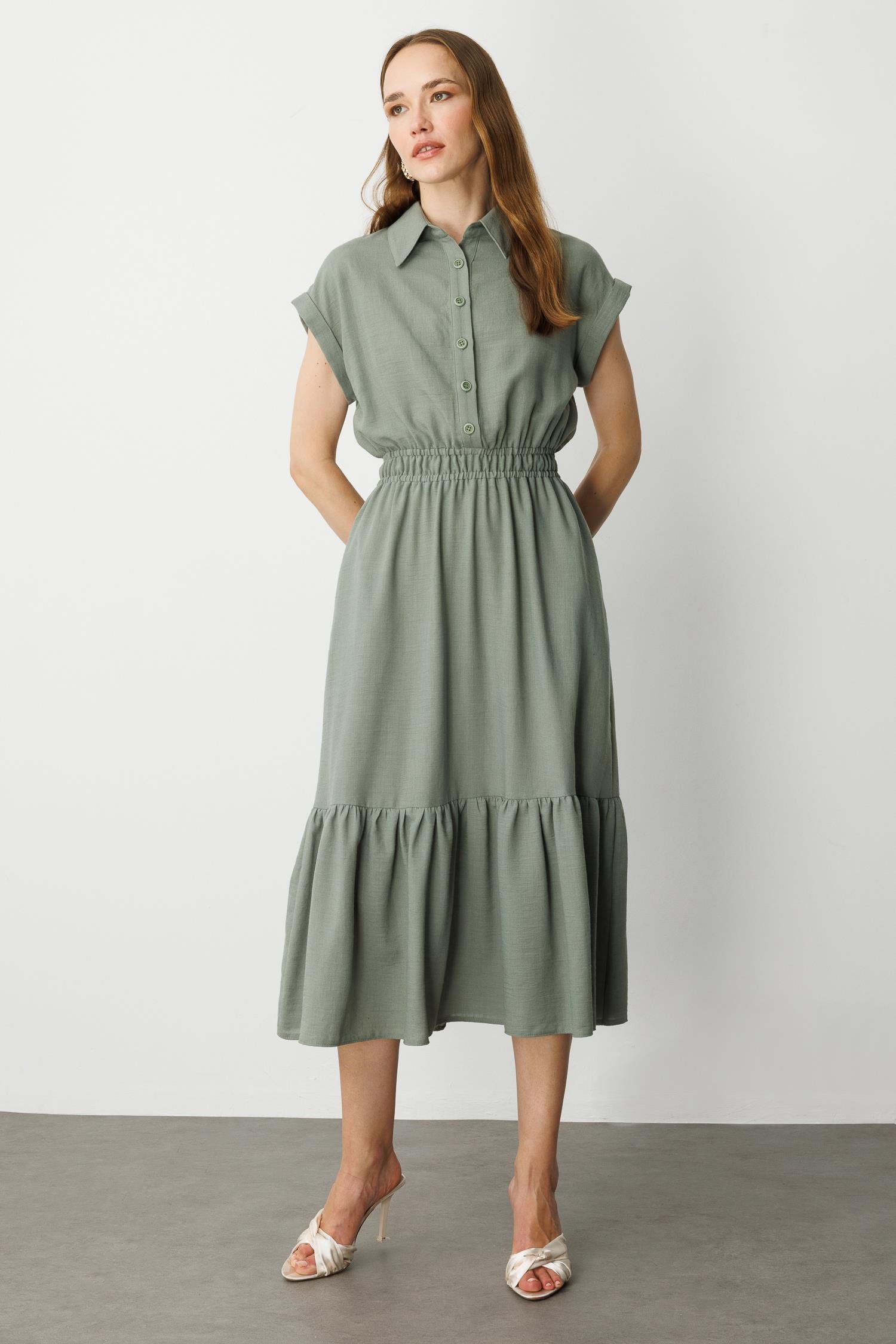 Keten Görünüm Farbela Detaylı Uzun Elbise-ÇAĞLA