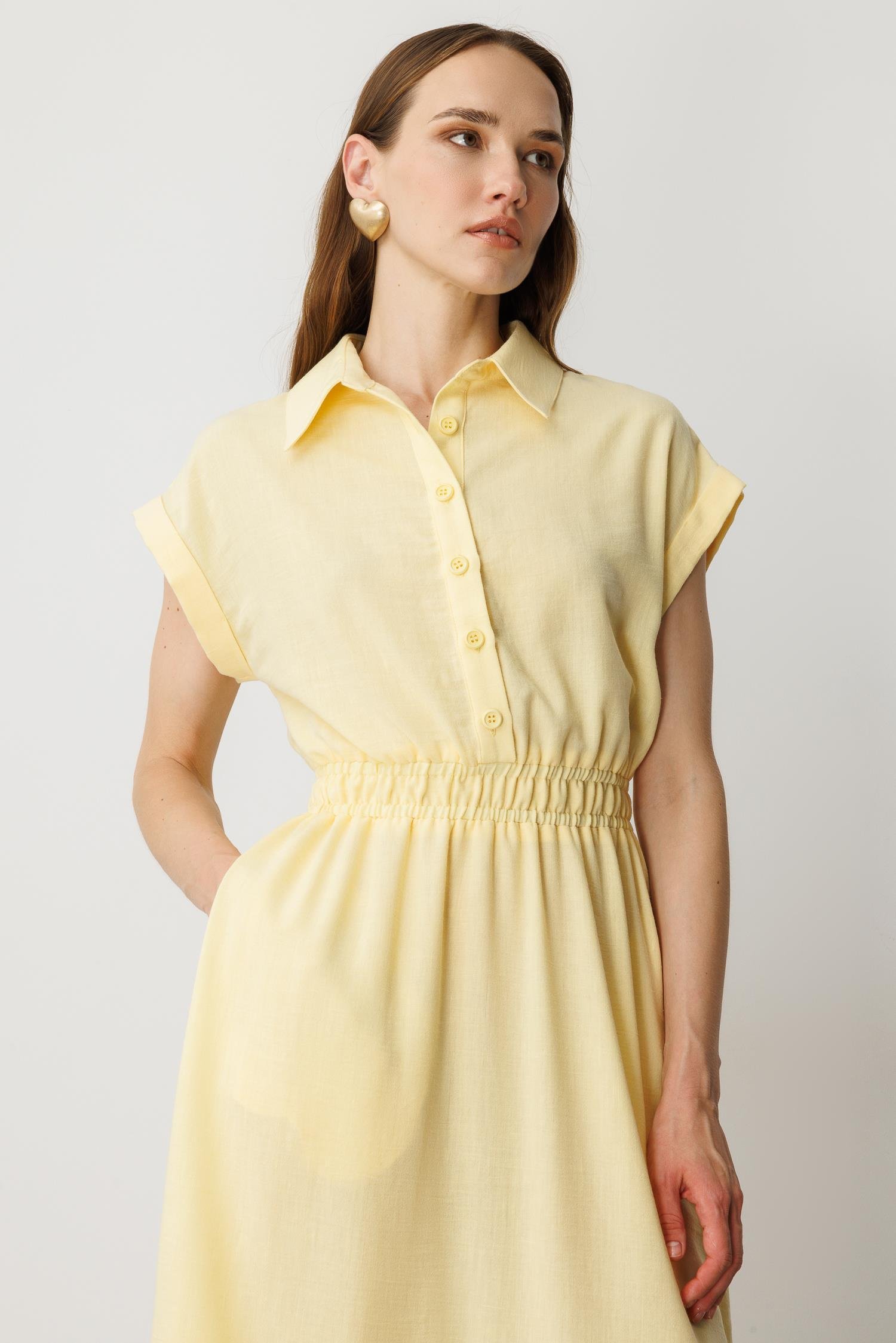 Keten Görünüm Farbela Detaylı Uzun Elbise-SARI