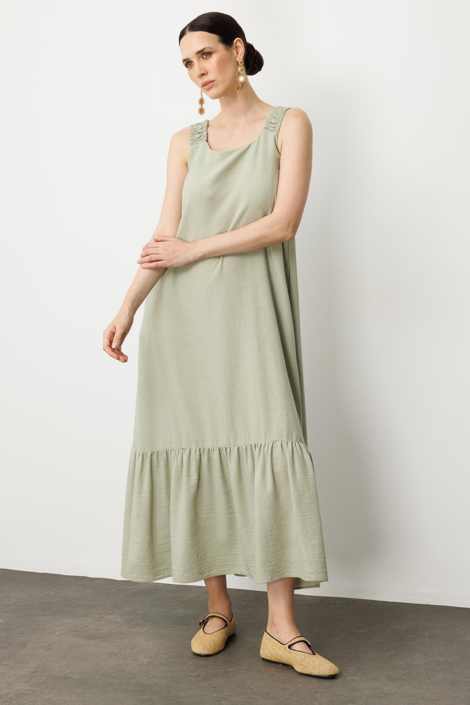 Keten Görünümlü Askılı Uzun Elbise-ÇAĞLA