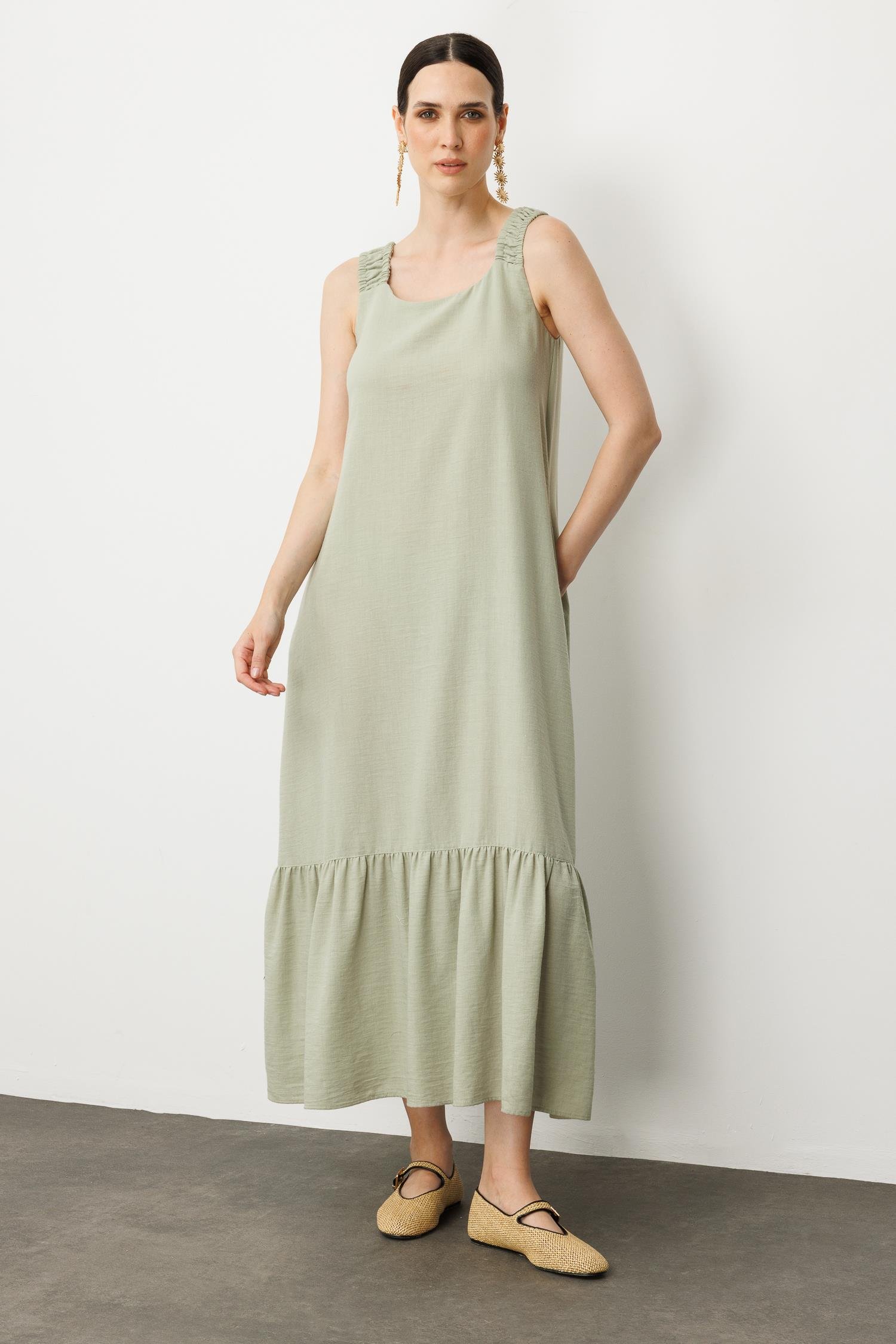 Keten Görünümlü Askılı Uzun Elbise-ÇAĞLA