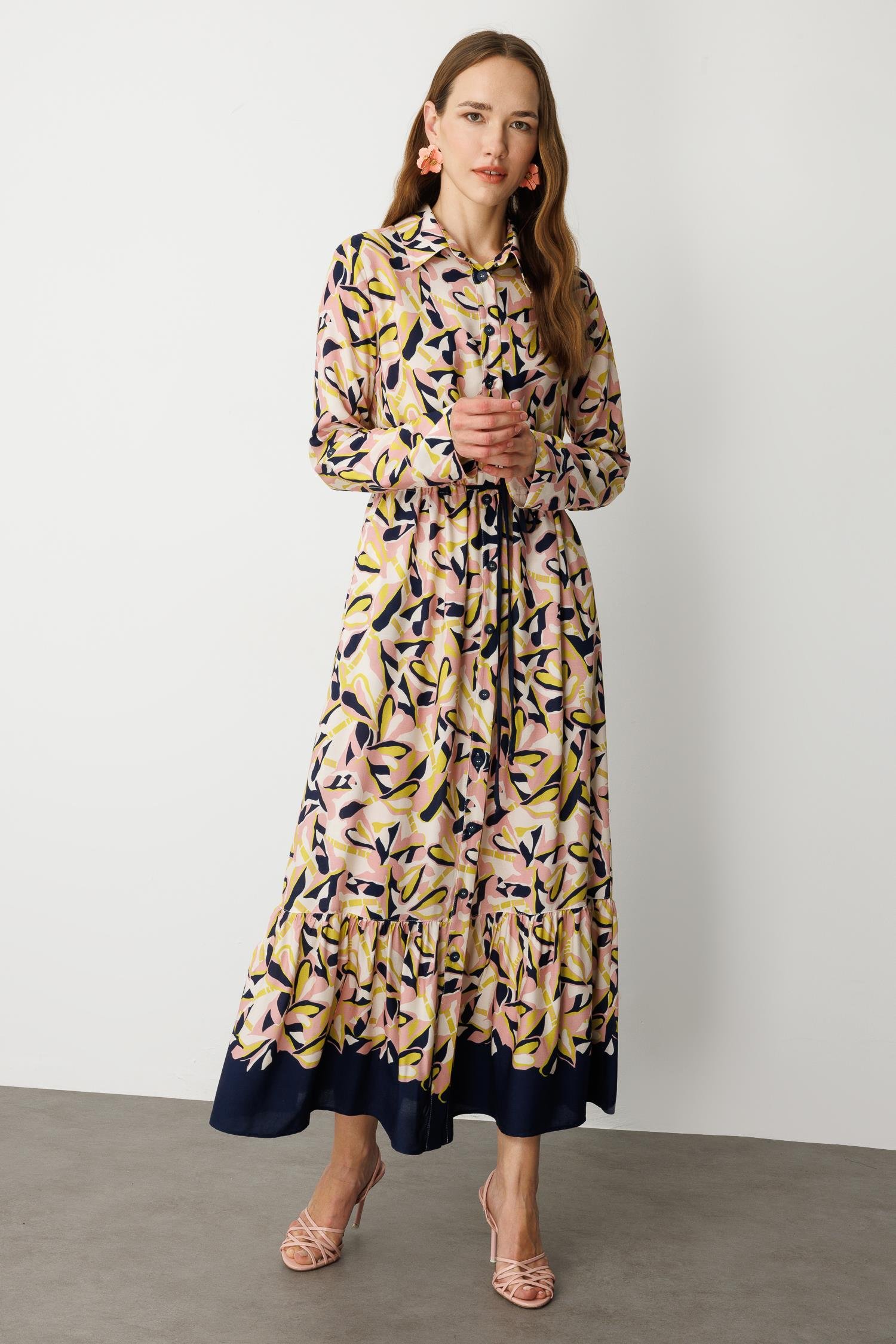 Keten Görünümlü Desenli Uzun Elbise-LACI