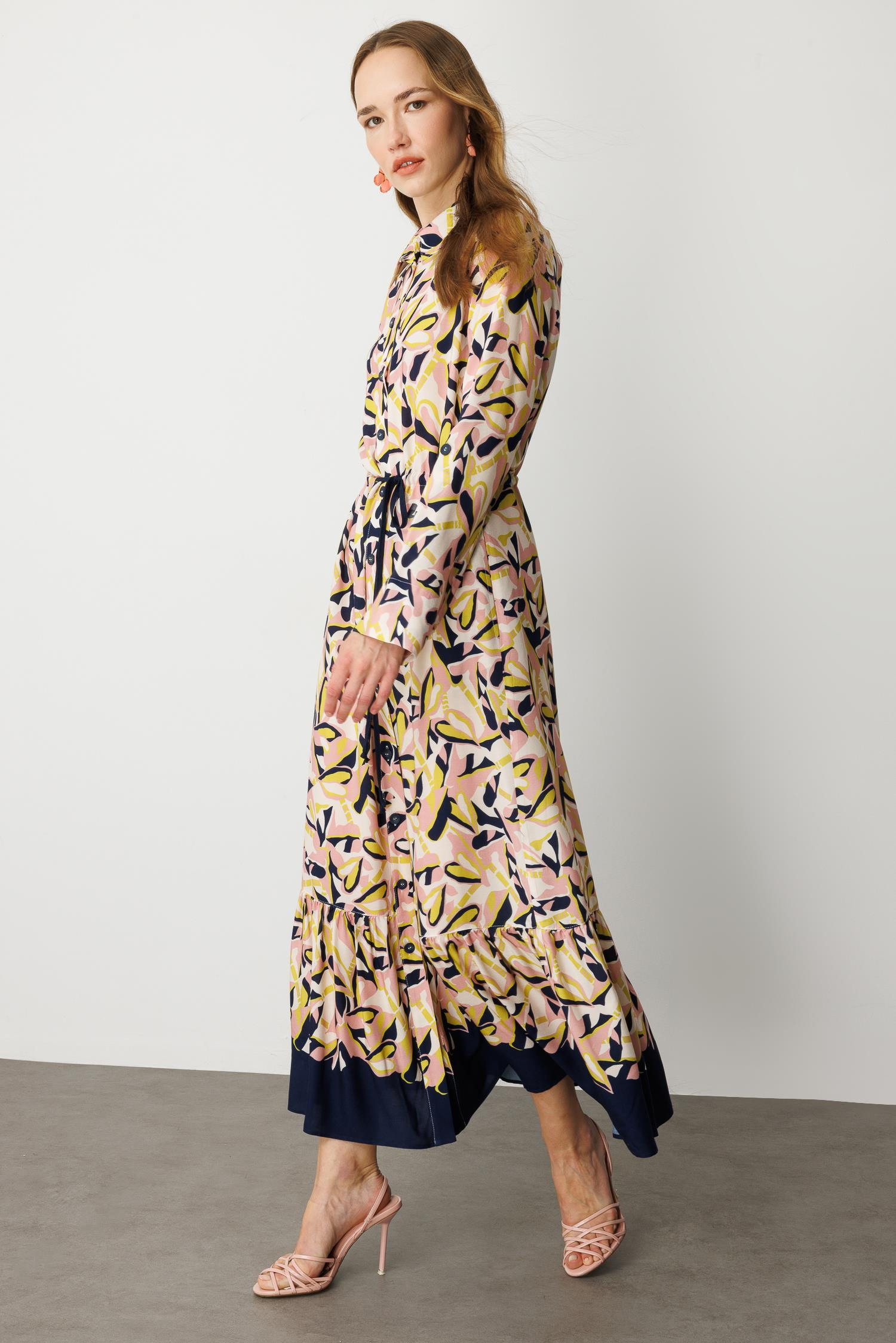 Keten Görünümlü Desenli Uzun Elbise-LACI