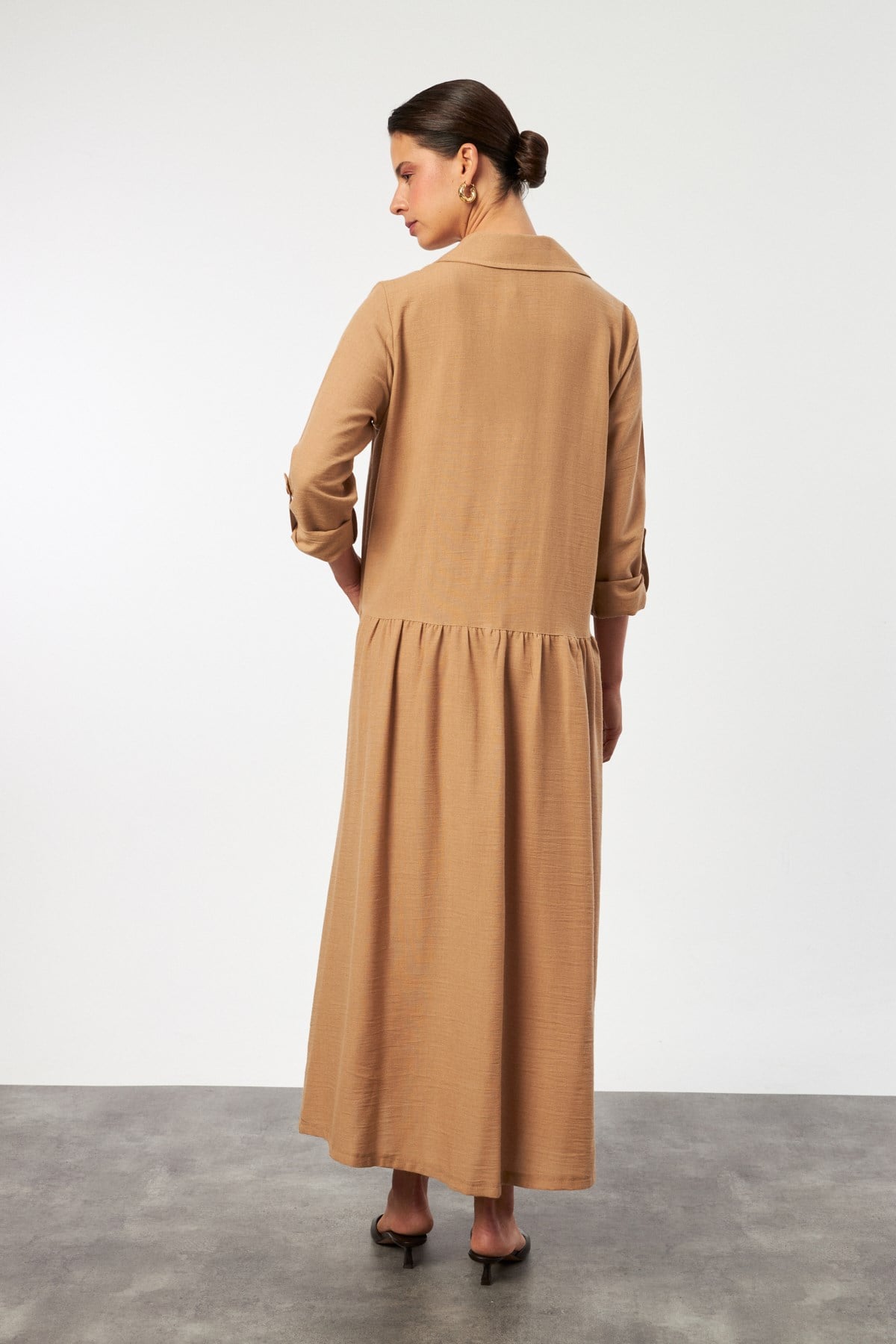 Keten Görünümlü Gömlek Elbise-CAMEL