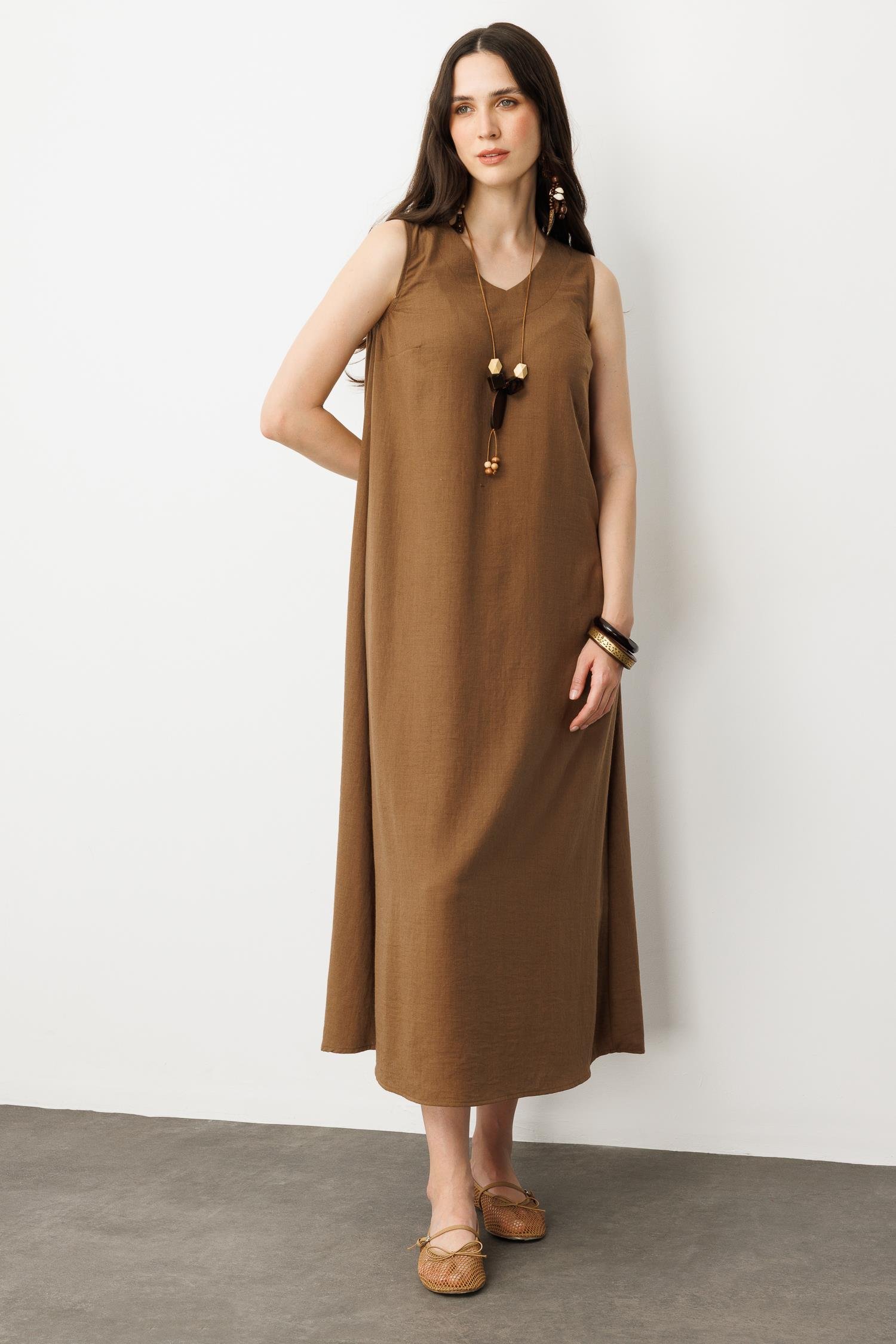 Keten Görünümlü Kolsuz Midi Elbise-KAHVE