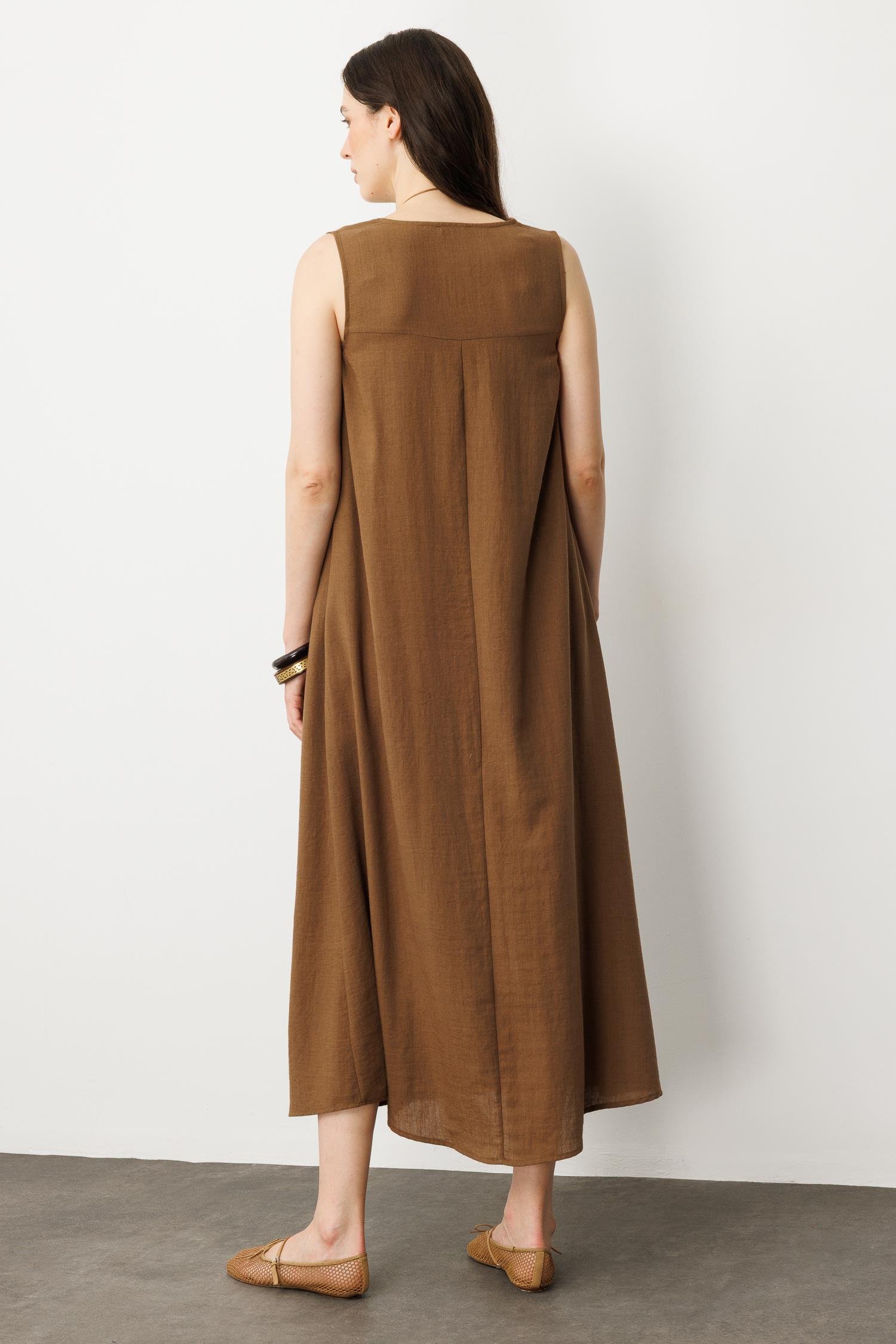 Keten Görünümlü Kolsuz Midi Elbise-KAHVE