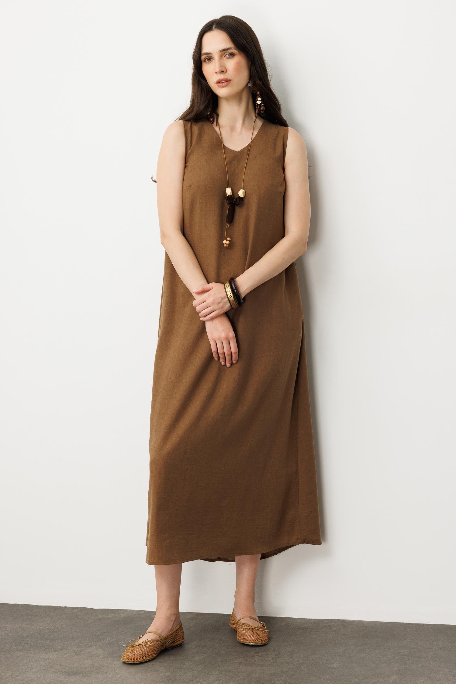 Keten Görünümlü Kolsuz Midi Elbise-KAHVE