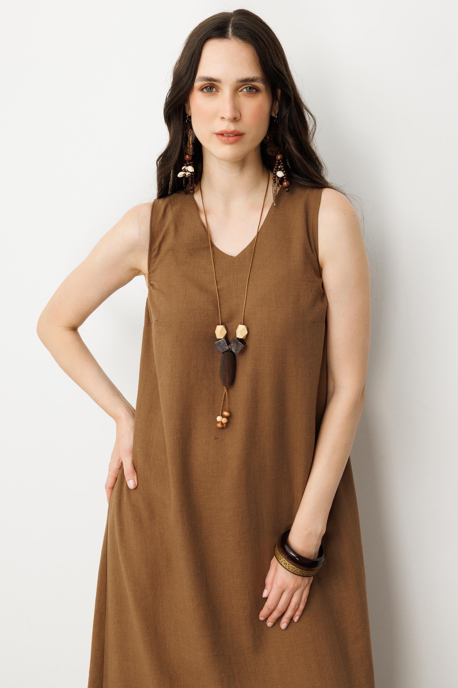 Keten Görünümlü Kolsuz Midi Elbise-KAHVE