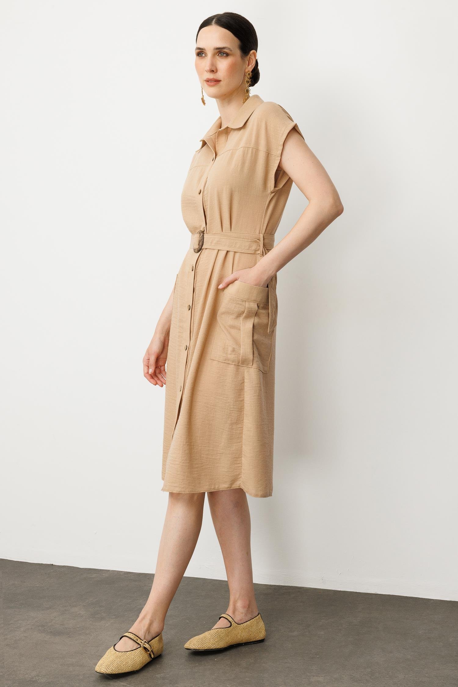 Keten Görünümlü Kuşaklı Elbise-CAMEL