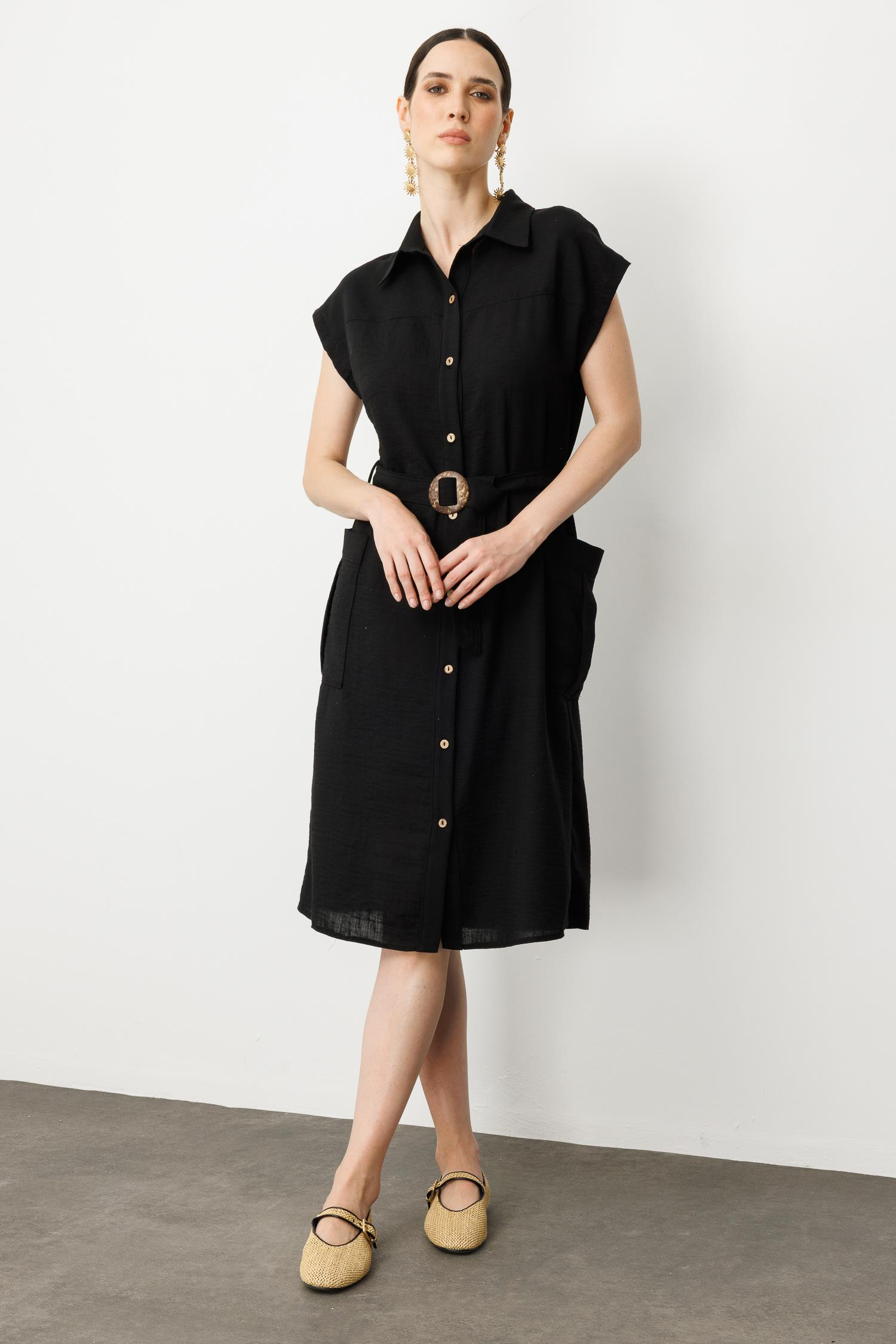 Keten Görünümlü Kuşaklı Elbise-SİYAH